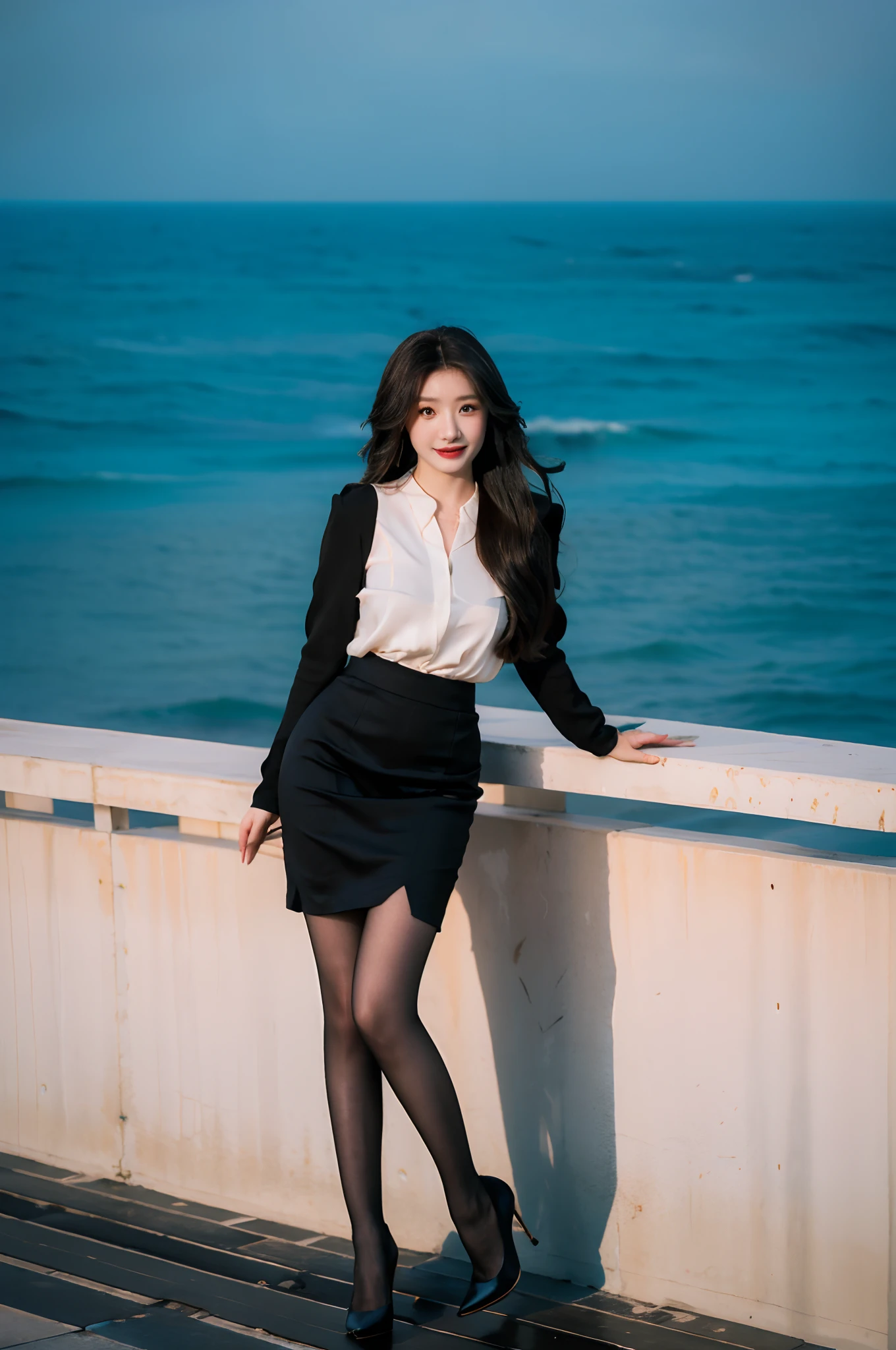 Best quality,Masterpiece,超高分辨率,(Realisticity:1.4),Original photo,Cinematic lighting,
1girll,Smile,Ocean,Pantyhose，Stiletto heels，Leather skirt，huge tit，largeeyes，standing on your feet，Have by the sea，Tight silk long sleeves