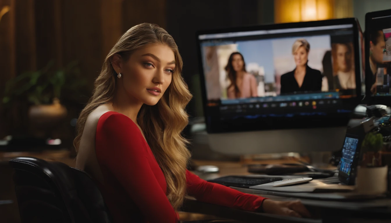 portrait of Gigi Hadid, Gigi Hadid cute , sitting in a desk with computer setup