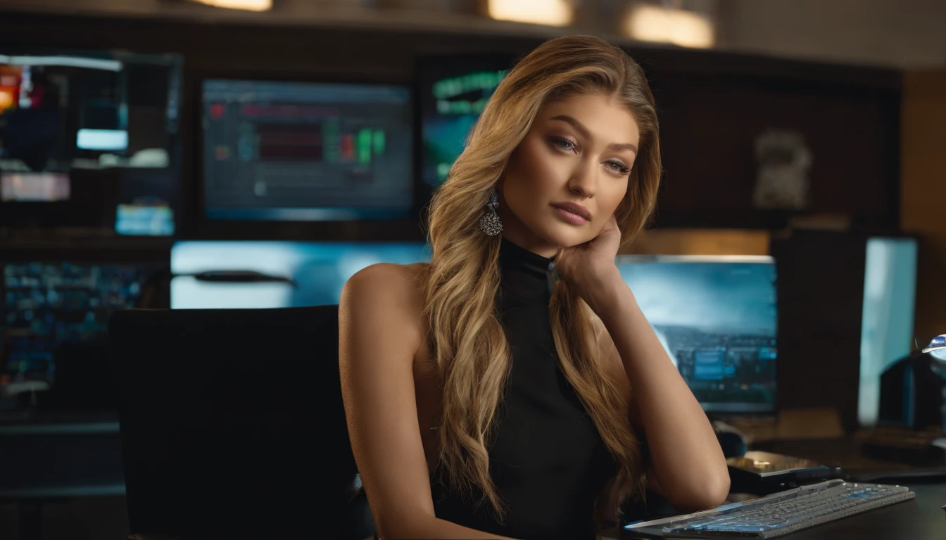 portrait of Gigi Hadid, Gigi Hadid cute , sitting in a desk with computer setup
