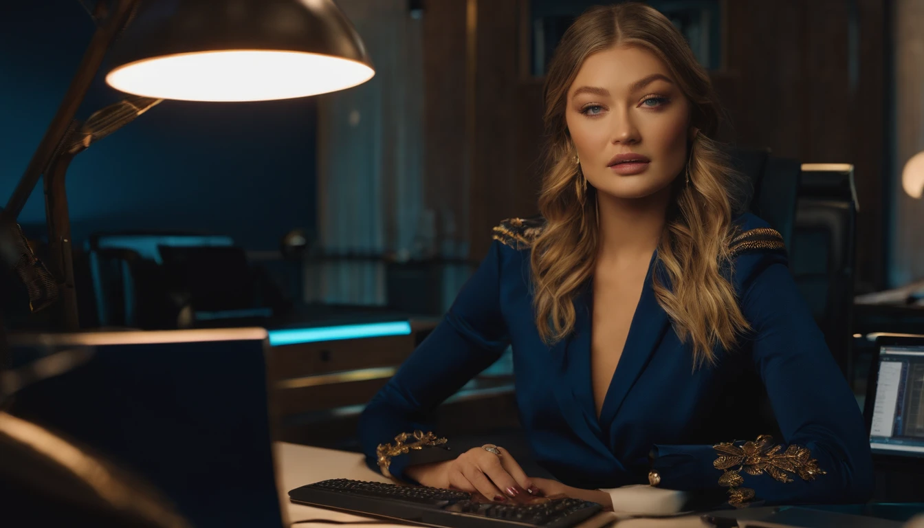 portrait of Gigi Hadid, Gigi Hadid cute , sitting in a desk with computer setup