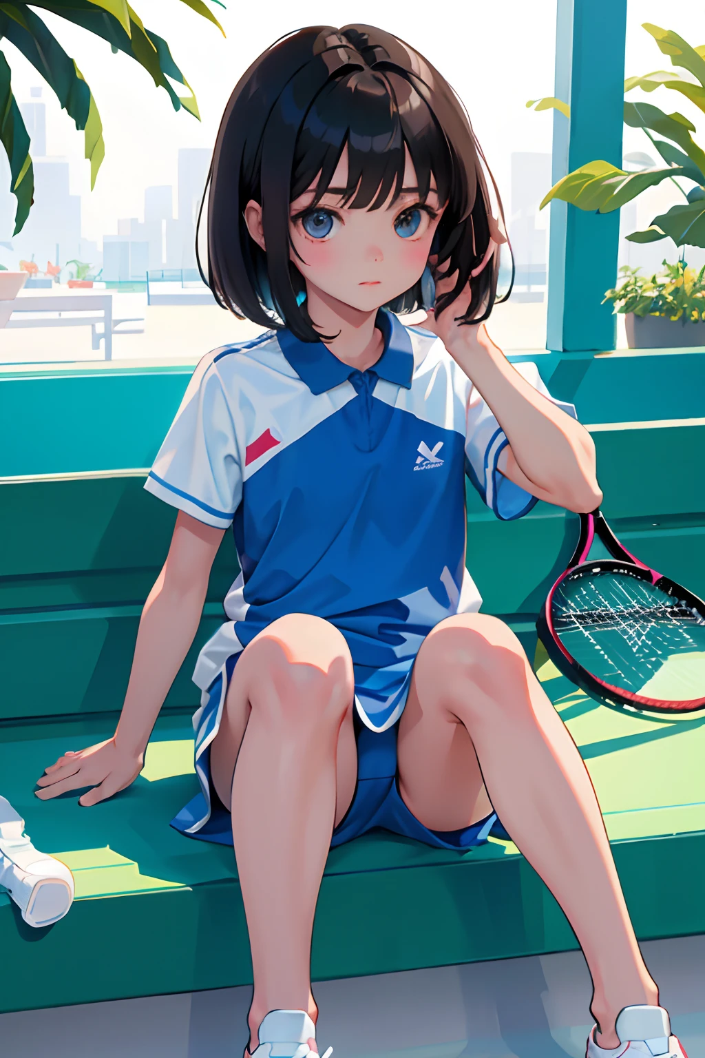 (masterpiece,Highest Quality),(),(Tennis Wear),(A dark-haired,Medium bob),embarrassed from,Delicate body