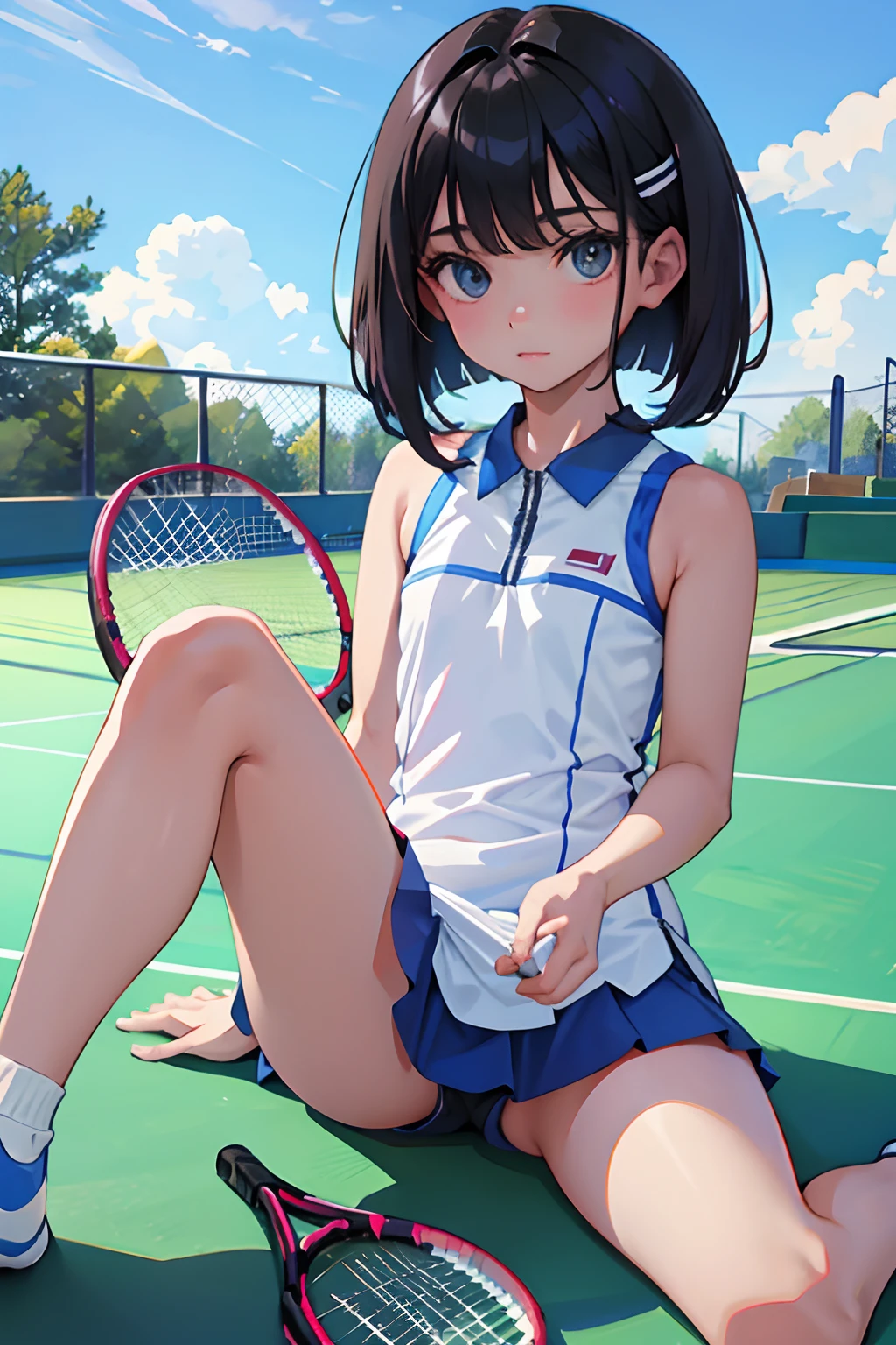 wariza,(masterpiece,Highest Quality),(),(Tennis Wear),(A dark-haired,Medium bob),embarrassed from,Delicate body