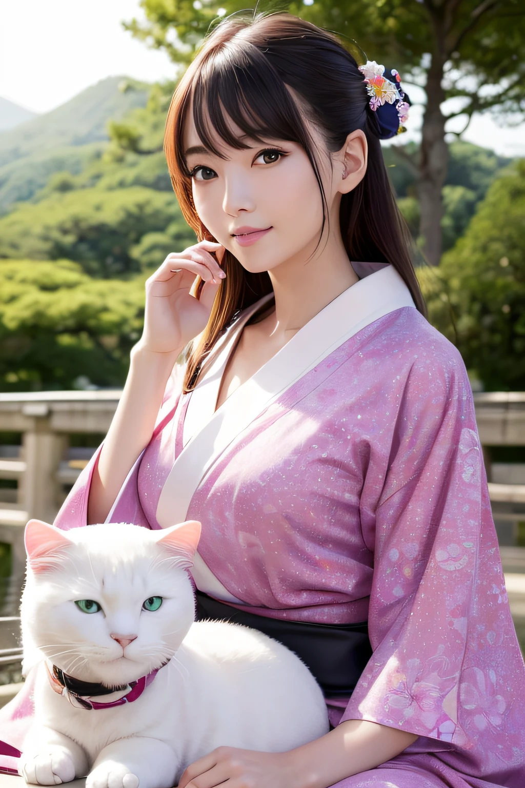 Best Quality、masutepiece、超A high resolution、(Photorealistic:1.4)、(Thin eyebrows:0.2)、(thin lipss:0.8)、(small nose:0.8)、Appearance without makeup、japanes、adult lady、up hair、(Colorful yukata:1.2)、(Light kimono:1.3)、(collars:1.2)、(Japan kimono obi:1.2)、Smile、(the perfect body:1.2)、dynamicposes、Big breasts、By Michelangelo、ulzzang -6500-v1.1、a park、(Sit on the back of the cat:1.2)、(Very big Japan cat:1.4)