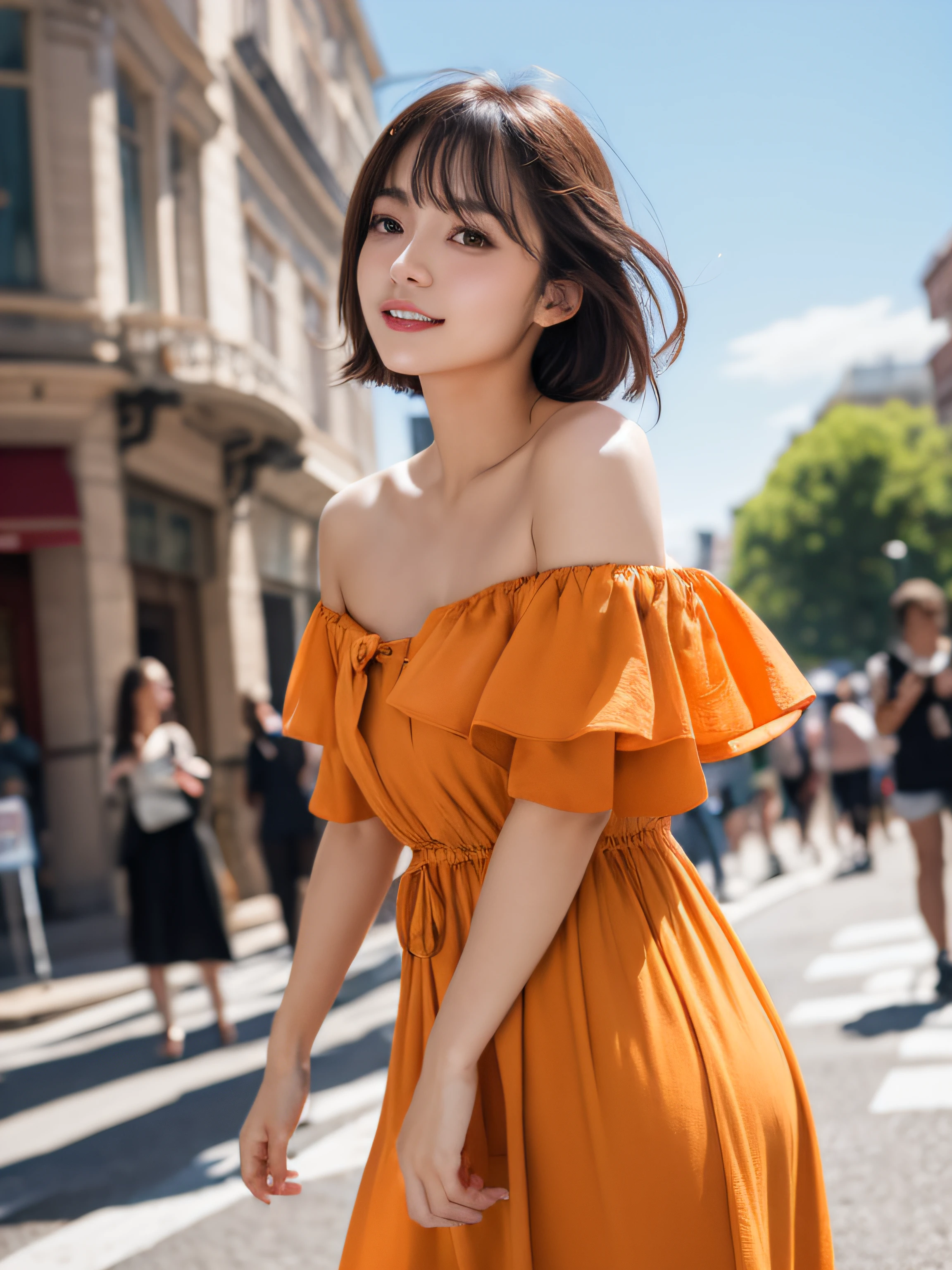 Woman posing on street corner in orange dress, Best Quality, 1girl in,slenderbody、 tiny chest, day, Bright, blur backgroun, Bokeh, plein air, (Street:0.8), (People, Crowds:0.8), (Off shoulder dress:1.2), Gorgeous, , Beautiful detailed sky, (Dynamic Pose:1.2), Soft lighting, Wind, Shiny skin, (Upper body:0.8), (freckle:0.8),