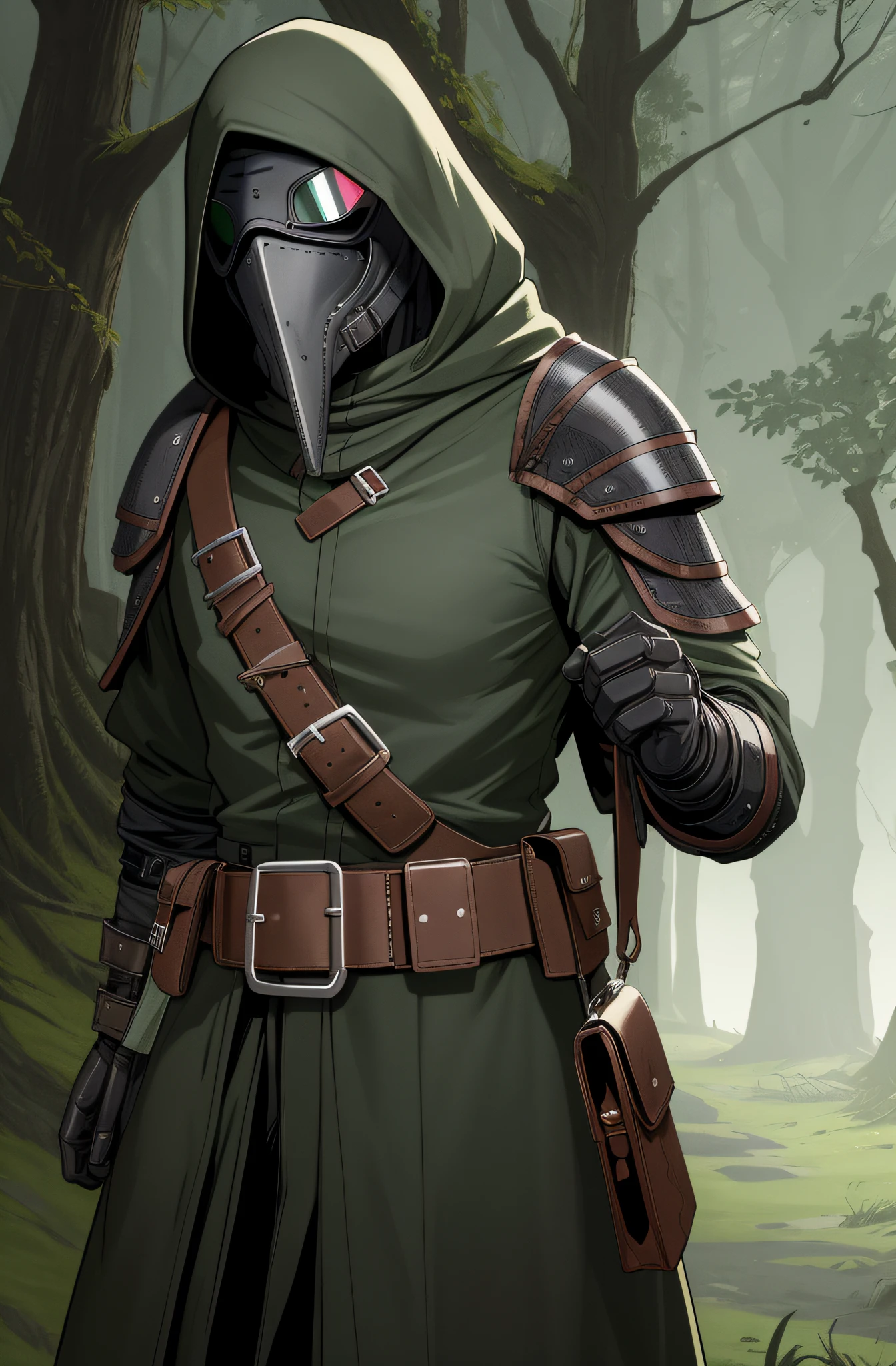 Pdctor,
hoods, Belt bag , Shoulder Armor, Pouch , Belt bag, bandaged, goggles, Plague Doctor Mask,
Standing, Upper body,
the woods, Dark, The Darkest Dungeon, Green Gas, Background gas,
(Insanely detailed, beautifull detailed face, masutepiece, Best Quality)