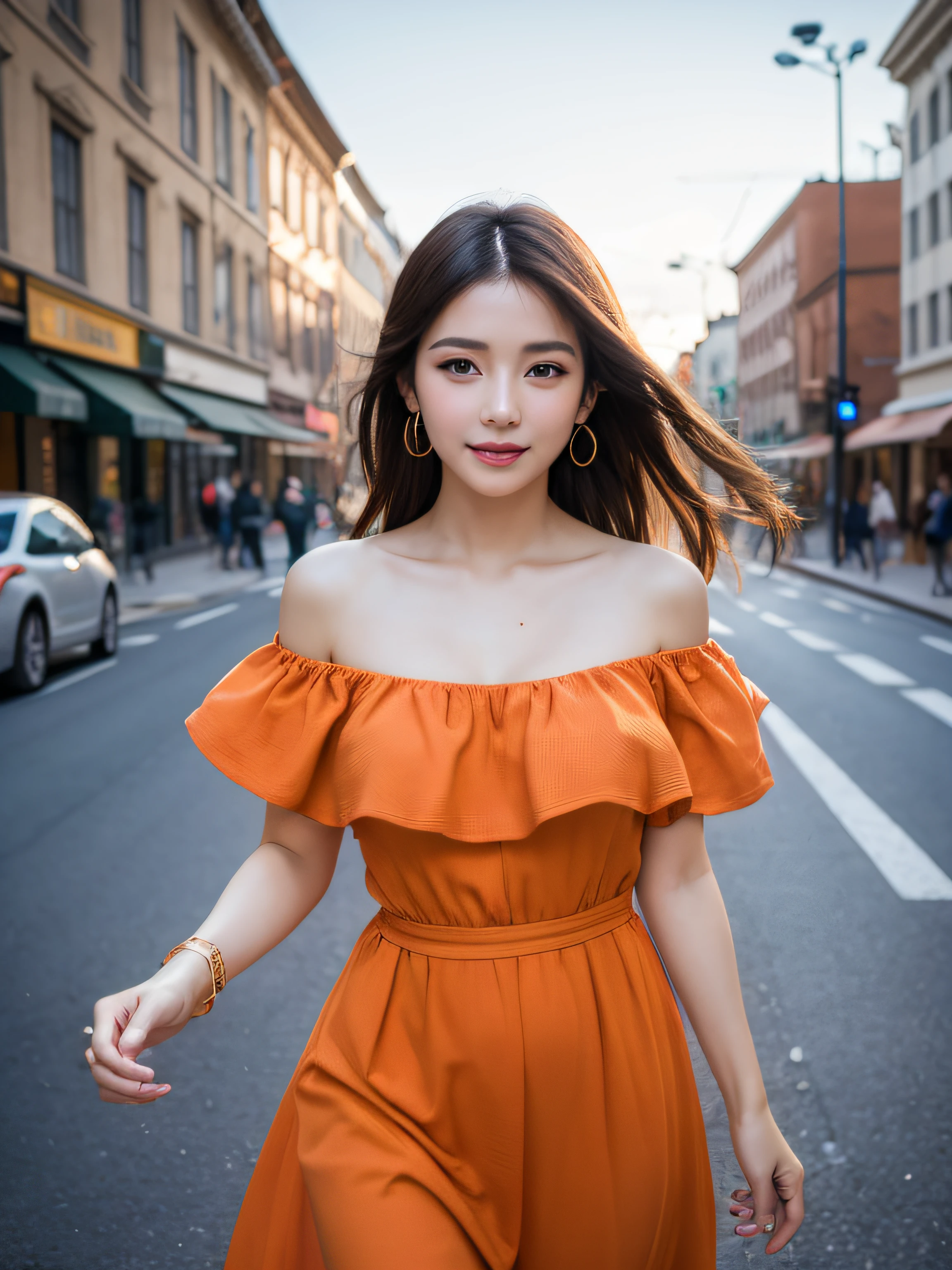 Woman posing on street corner in orange dress, Best Quality, 1girl in,slenderbody、 tiny chest, day, Bright, blur backgroun, Bokeh, plein air, (Street:0.8), (People, Crowds:0.8), (Off shoulder dress:1.2), Gorgeous, , Beautiful detailed sky, (Dynamic Pose:1.2), Soft lighting, Wind, Shiny skin, (Upper body:0.8), (freckle:0.8),
