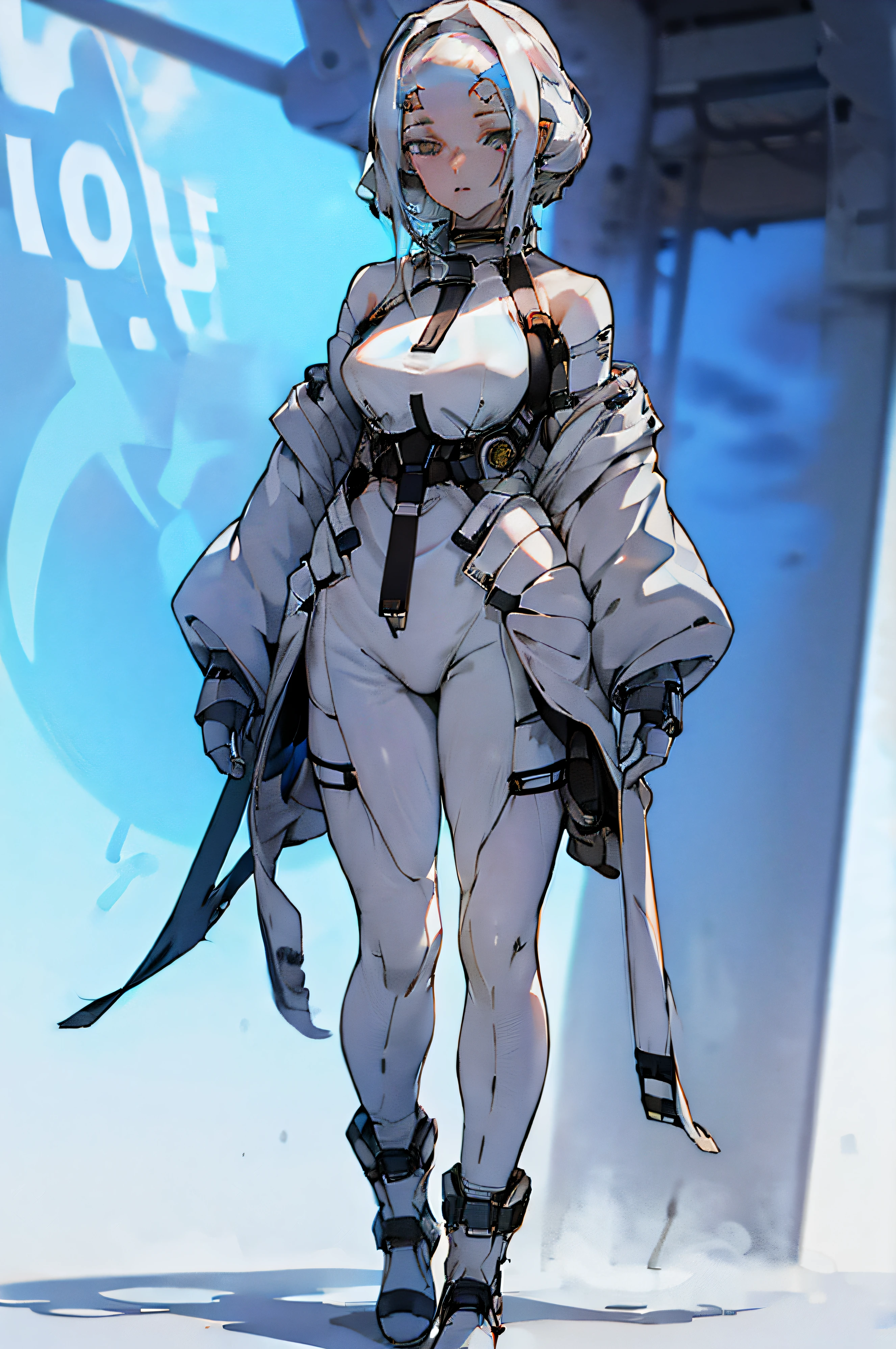 White color hair,Stand in front of you,femele,20yr old,female anime character,There is a futuristic technical style,Functional style clothing,full bodyesbian,anime full body illustration,Boots,White-colored skin