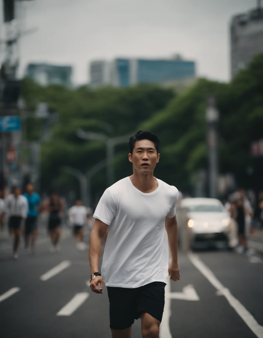 male people、TOKYOcty、wearing white t-shirts、On the run