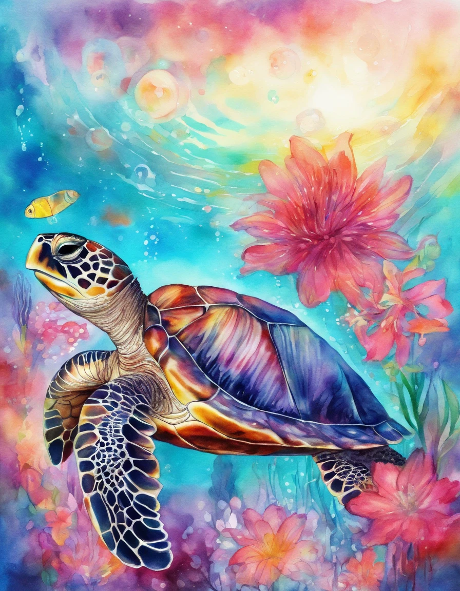 watercolor art, chibi sea turtle, air bubbles, flowers, vivid color, color splash, cute, illustrator, digital art, image for t-shirt design