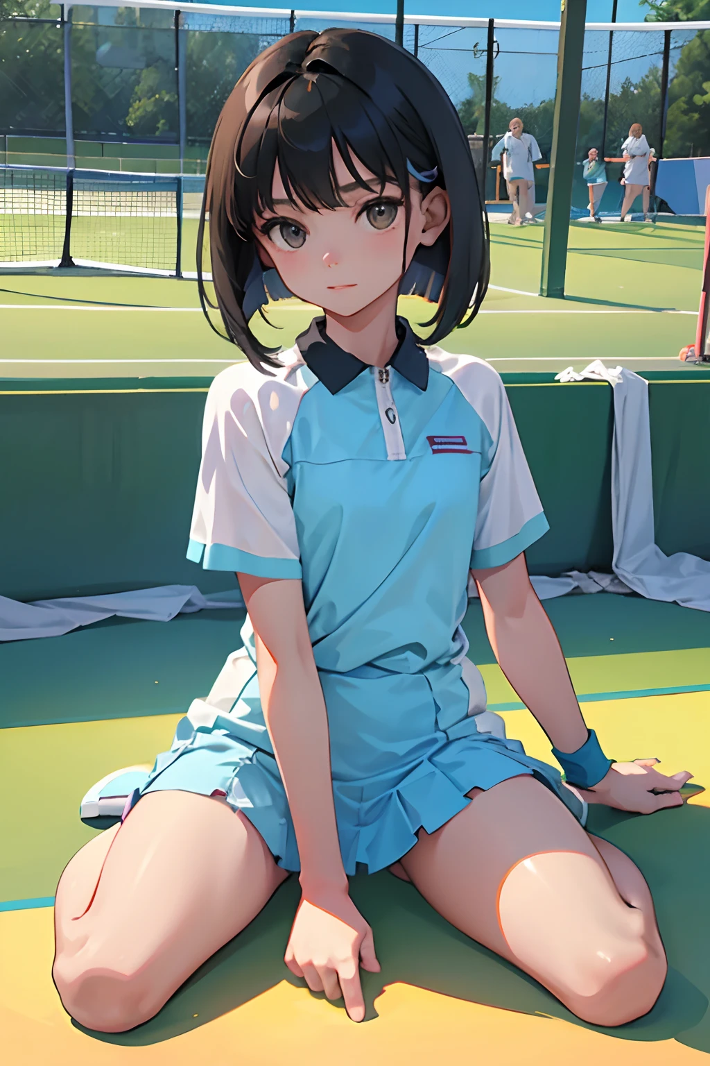 wariza,(masterpiece,Highest Quality),(child),(Tennis Wear),(A dark-haired,Medium bob),embarrassed from,Delicate body