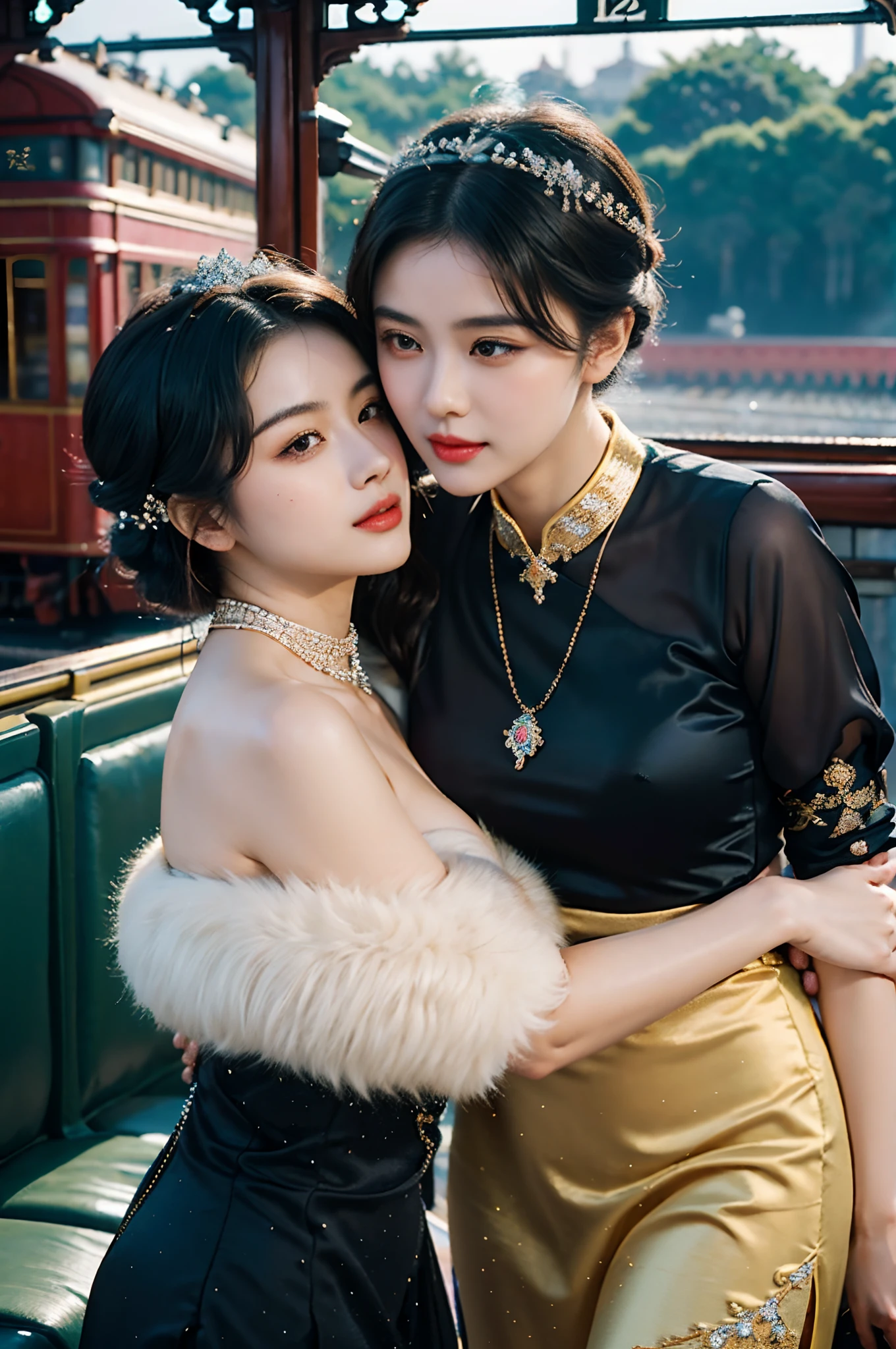 Two beautiful girls,leering:1.4, Lovers, Lesbians,(At the railway station in Shanghai in the 1920s,Vintage train background:1.6),(Taoist hairstyle,Giant hair stick:1.6,Oylan hair accessories,armlets, bangle:1.3),Dodge kisses,bauhause, bulgari, official valentino editorial,half-open lips, Suck your lips firmly, Drooling, elegant, Brilliant, Beautiful, Blush (0.2), Gorgeous, Beautiful, Gorgeous, gentle, Starry sky, Milky Way, Summer triangle, Tanabata and bamboo ornaments, Precise drawings, a detailed drawing,