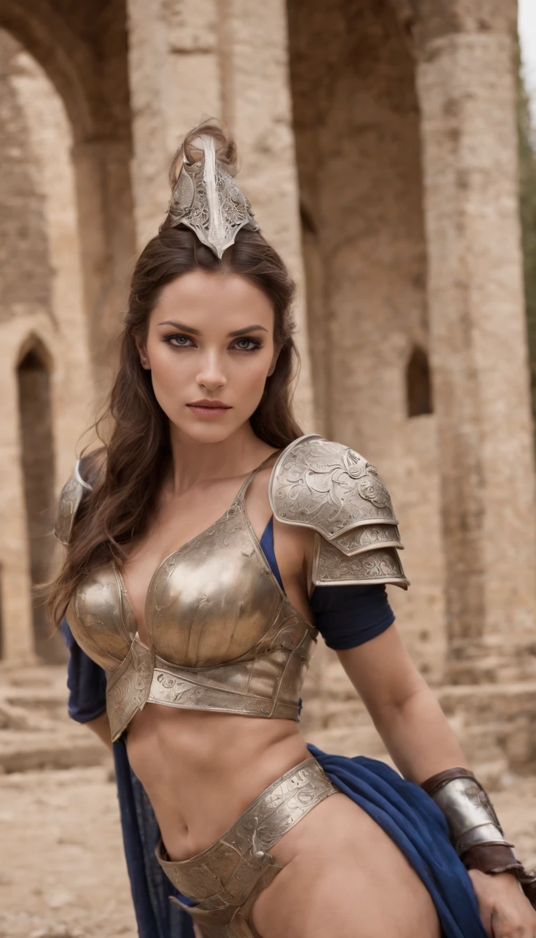 Pose sleeping , legs spread. Panties are visible through the armour on the lower half of her body. Upper body creates the image of a female warrior with bikini and shining sword. Her expression is a smile. Give this image feminine charm and courage. Next, combine accessories such as a warrior costume designed to emphasise body lines, metal accents to create a combative atmosphere, reeds, a silver or gold headpiece and a lapis necklace with matching rings and earrings. Finally, the female warrior vibe is imbued with sharp eyeliner and dark eye shadow. The photo shoot takes place in the courtyard of an abandoned castle. In the background are the crumbling castle walls, an upside-down flag and stone statues that evoke a sense of history. This is a location where female warrior cosplay can be seen in an atmosphere of history and mystery.
