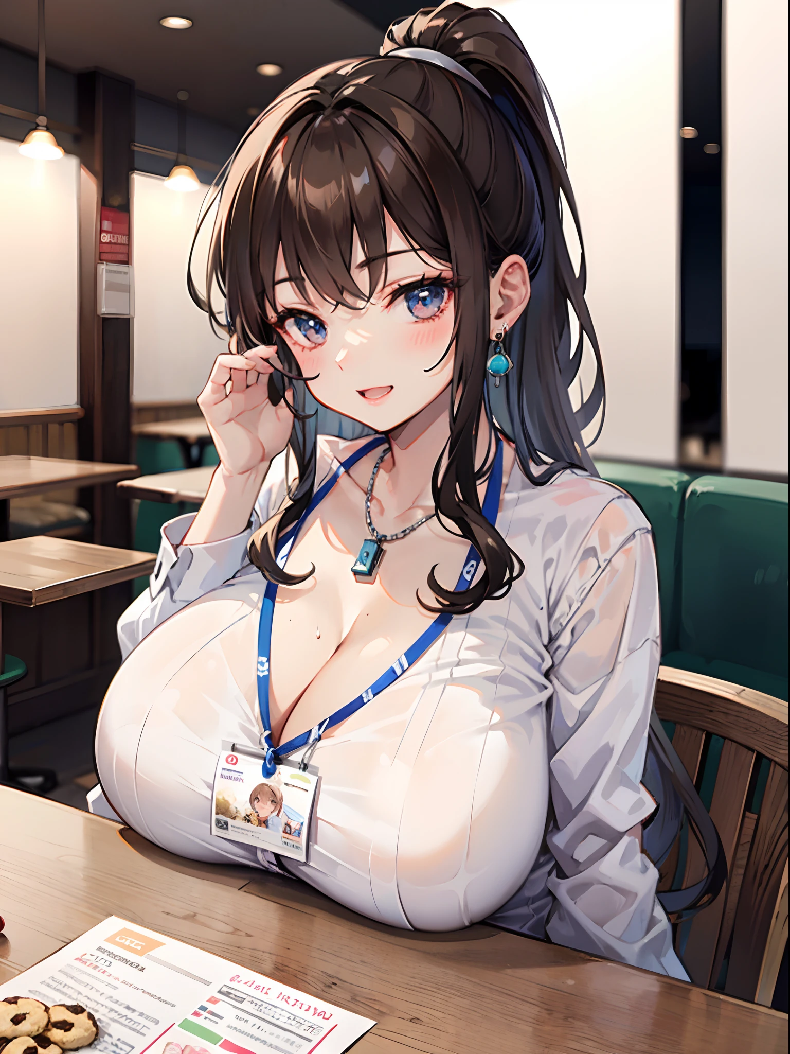 In restaurant, table, ice cream, cookie, candy, milk, restaurant, high resolution, 8k, masterpiece, best quality, 1girl, curl brown hair, ponytail, mature female, OL, business girl, white shirt, nameplate, identification card, earrings, necklace, bare breasts, large breasts, huge breasts, breasts on table, breast rest, elbows on table, elbow rest, chin rest, open mouth, happy smile