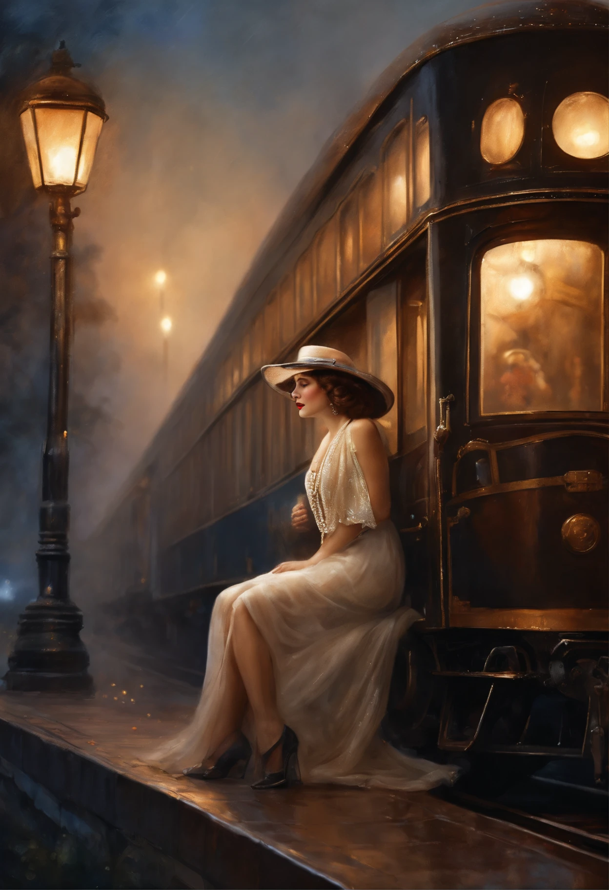 a beautiful young lady with hat is speaking and saying goodbye to his husband , crying, 1920s, people wear 1920s cloth elaborated steampunk shiny train, in old village station, Watercolor and metallic touches, beautiful and powerful, with iridescent blue and orange glitter . Between disco lights., detailed background, twilight, fogy environment, extreme long shot, rainy night, wet ground