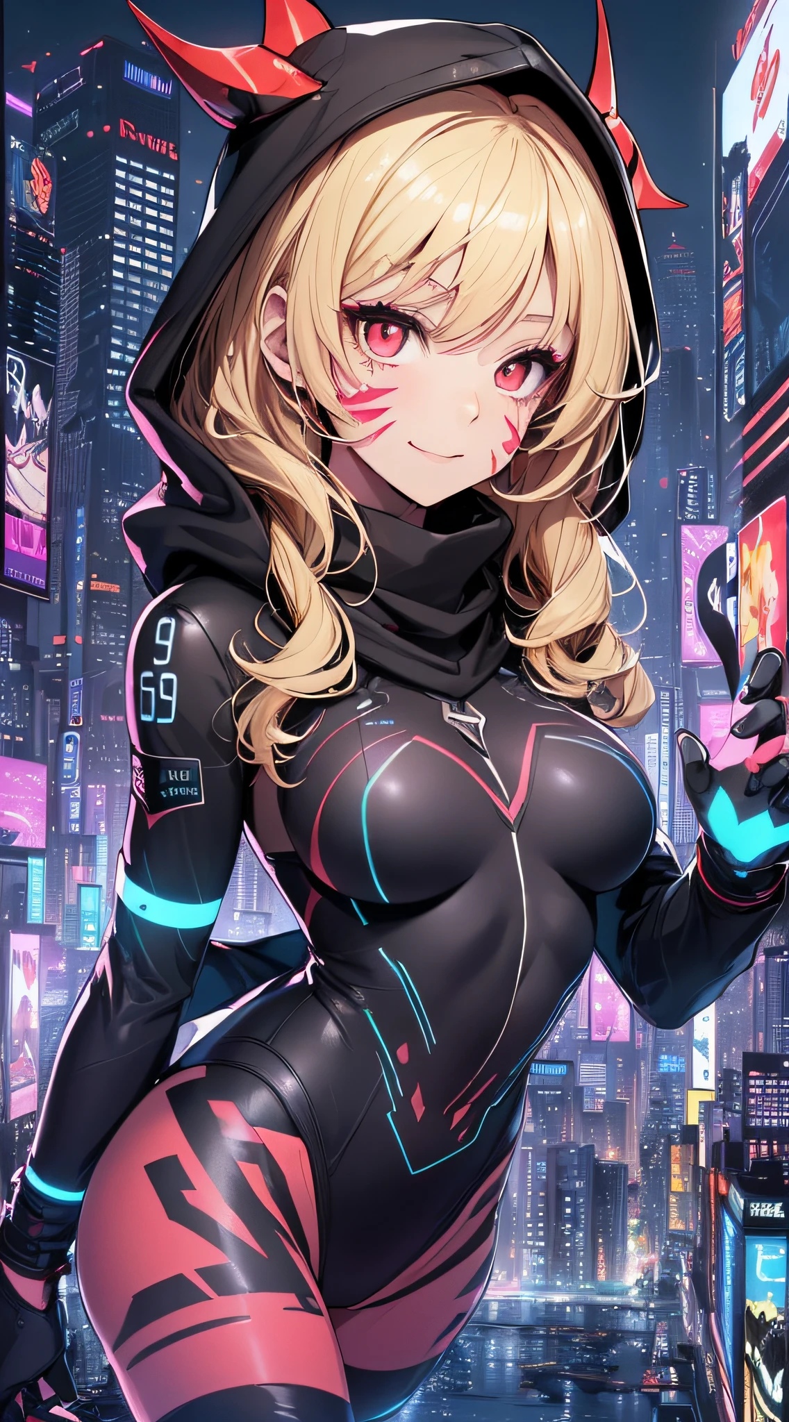 top-quality、Top image quality、​masterpiece、girl with((18year old、Red, Black and blue glowing cybersuit、falda corta、Shining Cyber White Hoodie、Best Bust、Bust 90、Blonde Away Tail、Red Eyes、open chest wide、Valley、Happiness、A slender、ssmile、Red Face Paint、Black scarf、Reflecting the whole body、Slouch action)）hiquality、Beautiful Art、Background with((nightcity、Cyber City))、masutepiece、Elaborate design、visualart、