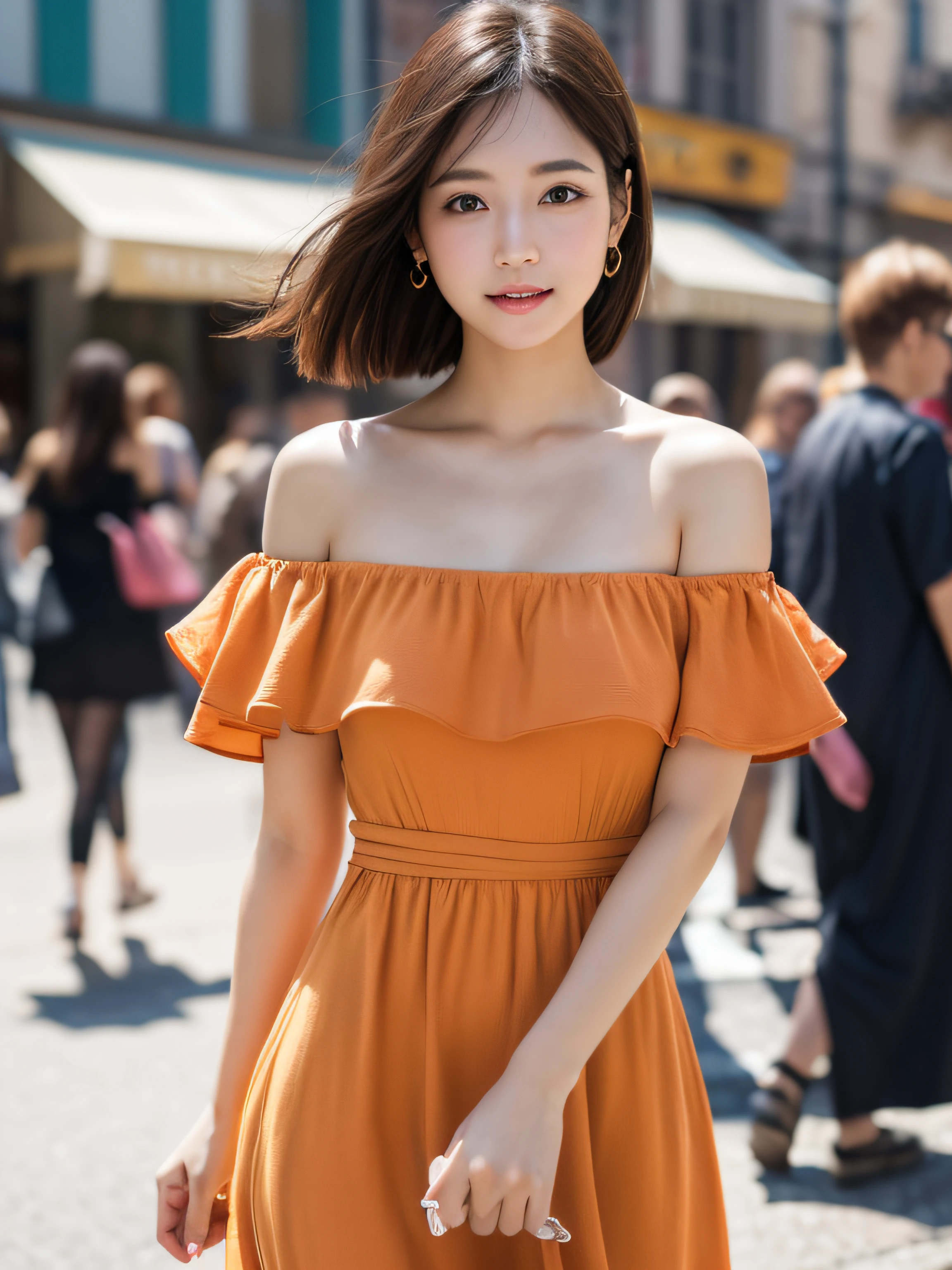 Woman posing on street corner in orange dress, Best Quality, 1girl in,slenderbody、 tiny chest, day, Bright, blur backgroun, Bokeh, plein air, (Street:0.8), (People, Crowds:0.8), (Off shoulder dress:1.2), Gorgeous, , Beautiful detailed sky, (Dynamic Pose:1.2), Soft lighting, Wind, Shiny skin, (Upper body:0.8), (freckle:0.8),