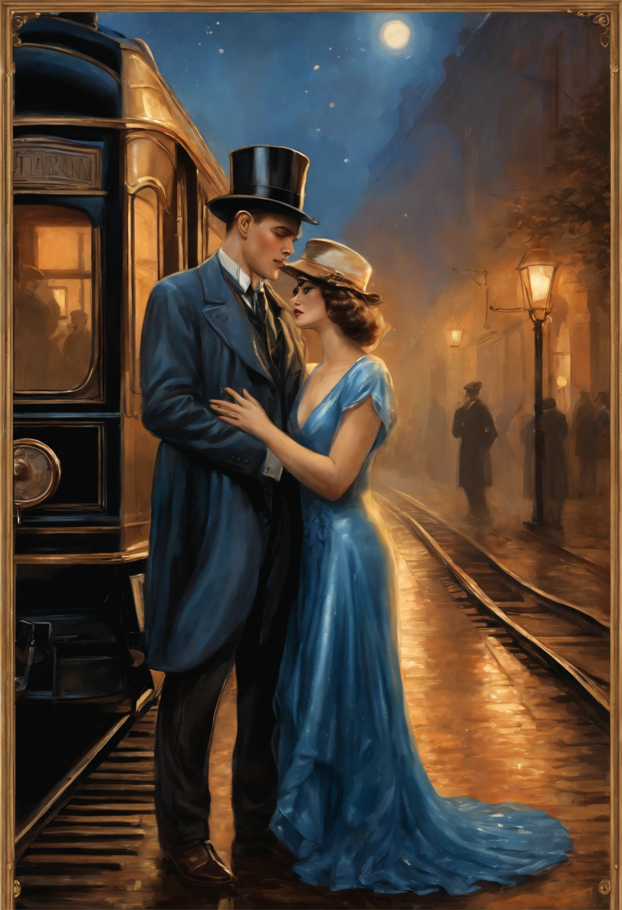 a beautiful young lady with hat is speaking and saying goodbye to his husband , crying, 1920s, people wear 1920s cloth elaborated steampunk shiny train, in old village station, Watercolor and metallic touches, beautiful and powerful, with iridescent blue and orange glitter . Between disco lights., detailed background, twilight, fogy environment, extreme long shot, rainy night, wet ground