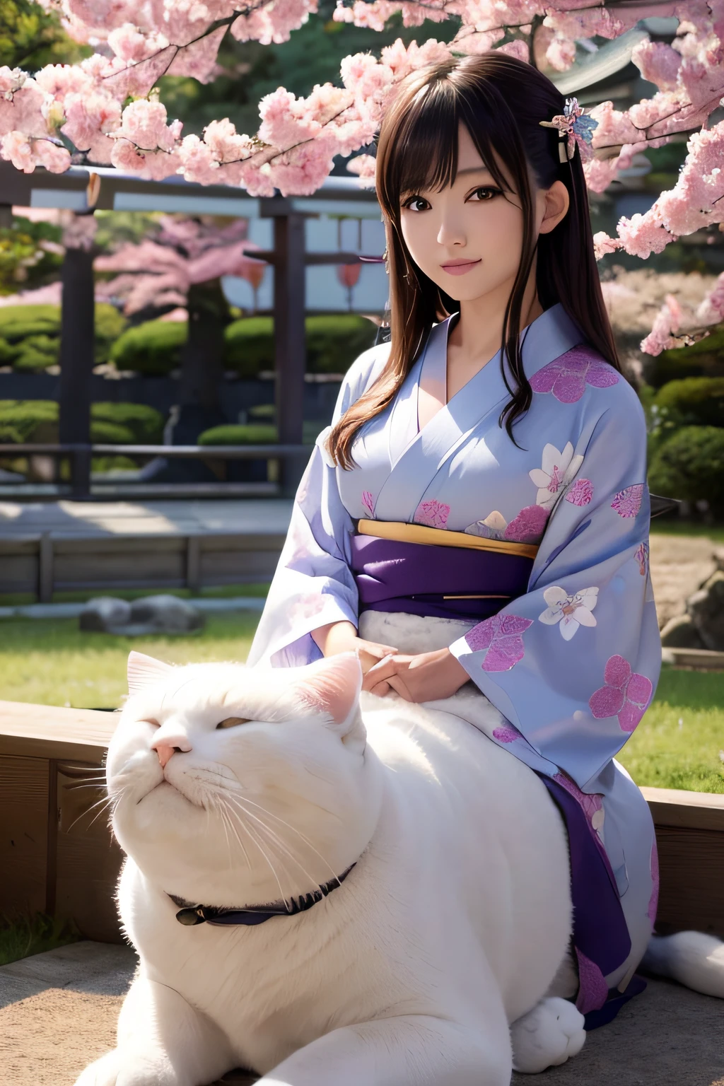 Best Quality、masutepiece、超A high resolution、(Photorealistic:1.4)、(Thin eyebrows:0.2)、(thin lipss:0.8)、(small nose:0.8)、Appearance without makeup、japanes、adult lady、up hair、(Colorful yukata:1.2)、(Light kimono:1.3)、(collars:1.2)、(Japan kimono obi:1.2)、Smile、(the perfect body:1.2)、dynamicposes、Big breasts、By Michelangelo、ulzzang -6500-v1.1、a park、(Sit on the back of the cat:1.2)、(Very big Japan cat:1.4)