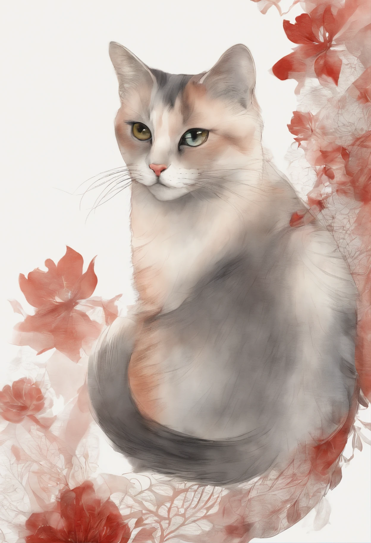 (Very beautiful calico cat、独奏、From Side)、ighly detailed、(Abstract background、Zentangle:1.2、Fractal Art:1.3)、(Red Theme、colourfull:1.1)、(pluma、butterflys、Red flowers:1.3)、耳Nipple Ring、masutepiece、top-quality、
