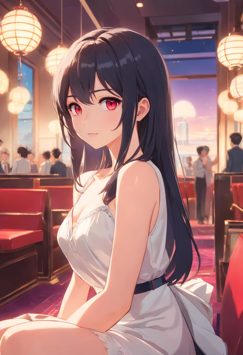 Detailed caricature, Young white girl with black straight hair and crimson eyes, White porcelain leather, full bodyesbian, Room with white prom dress, high high quality, high resolution, 8K, hdd, (Well-designed body), amazing body, (Super detailed), beautidful eyes, ultra - detailed, Super Elista