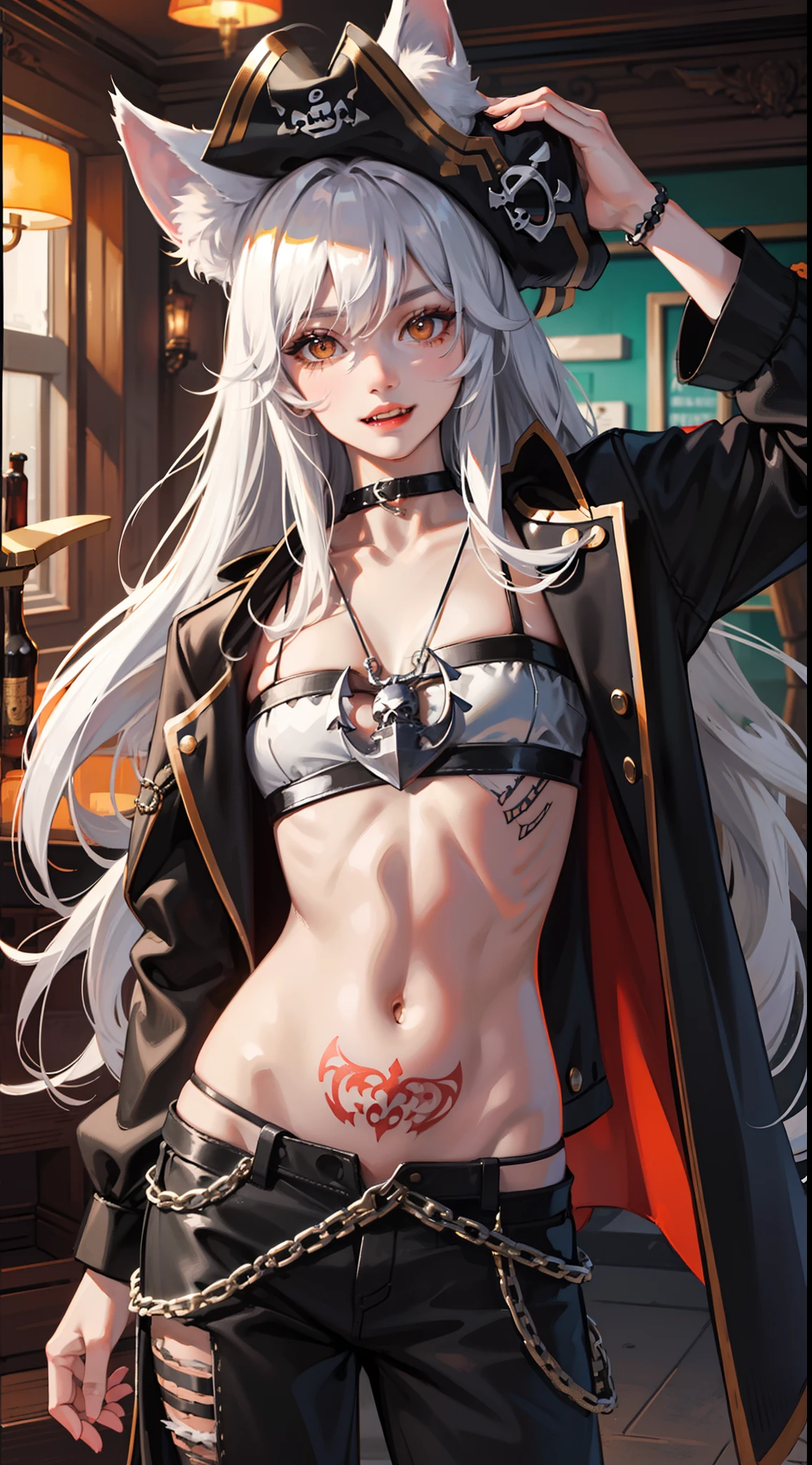 Young man, Long silver hair, Orange Eyes, wolf ears, wolf tail, ssmile, fangs, open torso, Tatoo, Pirate Hat, pirate pants, anchor, 4k, HD, Good detail