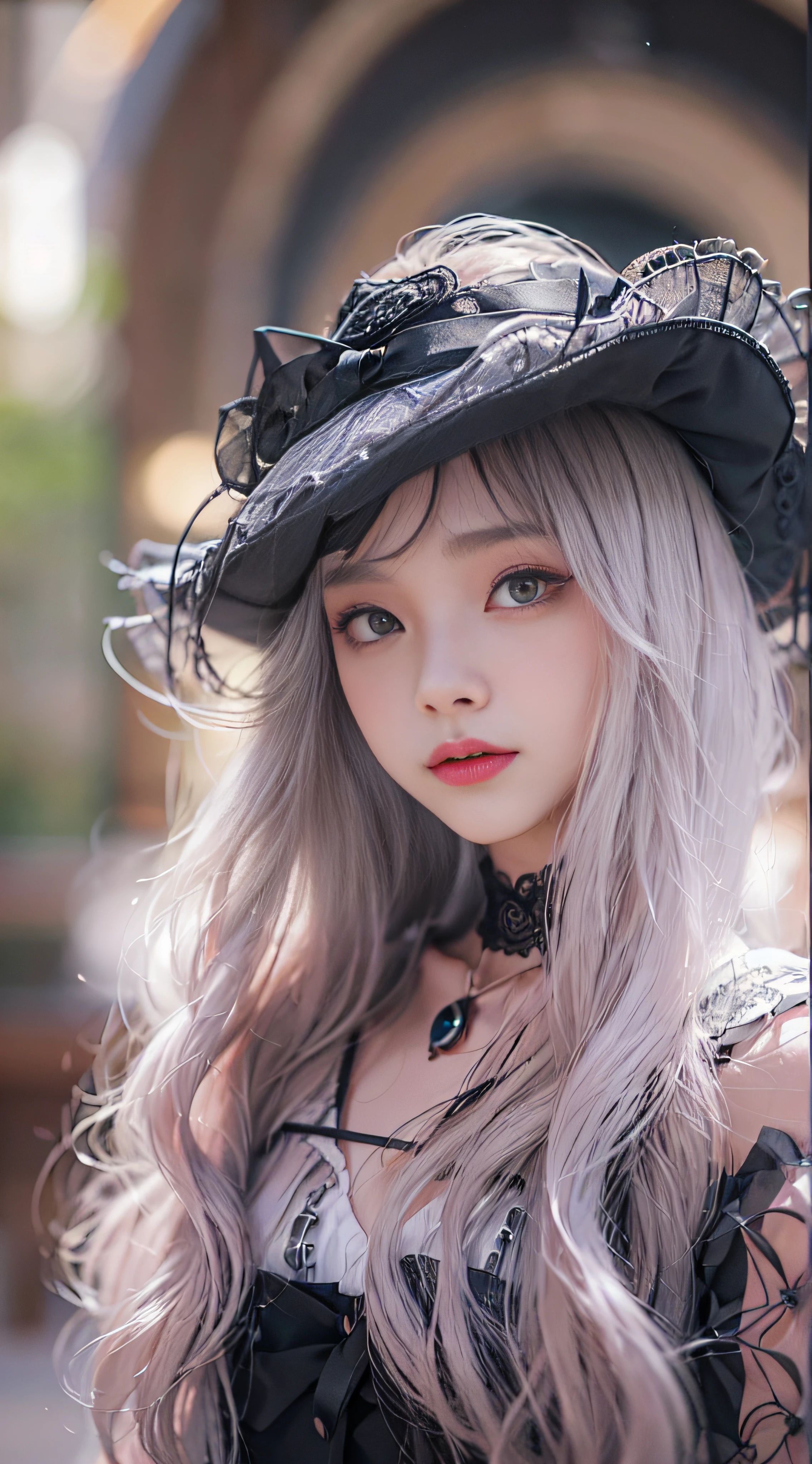 1 female, , accurate anatomy (beautiful grey eyes, very large slitted eyes, delicate, lonely, beautiful eyes, jewel-like eyes, shining eyes, very long eyelashes, thin nose, small mouth, thin lips, slightly long neck, slightly thin shoulders, slightly thin arms, slightly thin legs), accurate pose (looking at us), accurate Make-up (natural, natural make-up, light brown eyeshadow, light pink blush, light pink lipstick), accurate skin (very clear white, perfectly smooth), accurate hair (bright, clean silver hair, long hair curled vertically), accurate costume (black dress with frills and lace, Gothic taste, Rococo taste), exact lighting (dim low light, oblique light) photographic equipment (SLR, single focus lens), settings (f/1.8, S400, ISO 100), exact background (black), exact full body shot, very high quality picture,