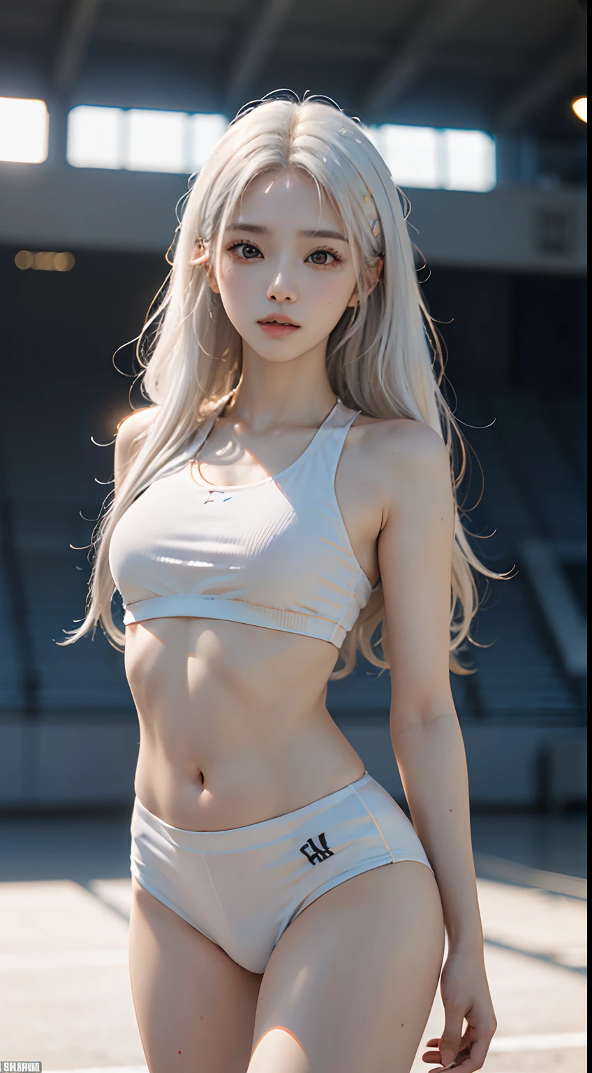 ((of the highest quality, 8K, masutepiece:1.3)), ((ers old)),Solo, (Smaller chest:1.2), Realistic, High resolution, ((Highly detailed face and skin texture)), ((lifelike face)), Very thin and lean body,Attractive body proportions, ((Smooth skin, flawless skin, Whitening skin, Shiny skin)), ((Ultra-detailed face)), Double eyelids, Soft lighting, Cinematic lighting, ((Blurry background:1.5)), straight look at viewer, ((Main color white and colorful hair)), ((Very long hair)), Braid hair, school gym, gymnast outfit, Gym Outfit, ((Stand inside the stadium)), Exposing thighs, Shooting from a low angle