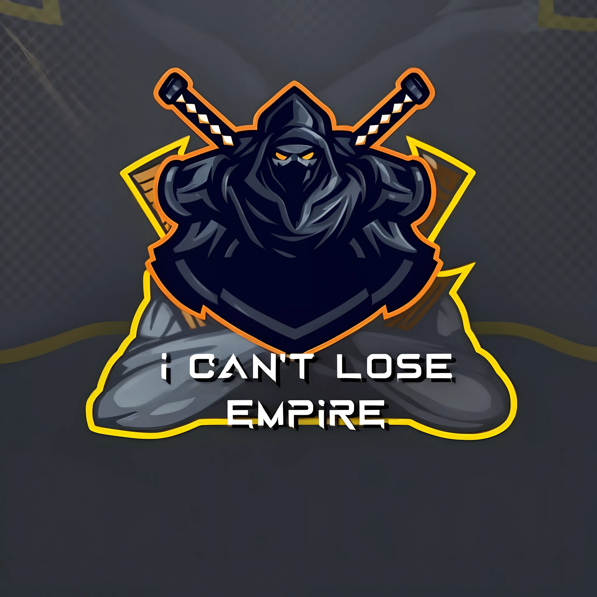 a black and yellow logo with a black and orange image of a warrior, esports logo, inspired by Kanō Hōgai, game logo, loose, empire, “hockey team logo, phone wallpaper, ruined empire on the background, loser, no type, some edges lost, mobile game background, empire silhouette, inspired by Jang Seung-eop, only, teaser, no mask, smirking