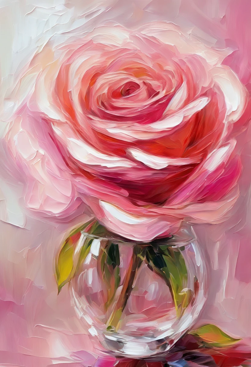A impasto oil painting of pink rose, rose in a glass vase , white background, closed up, hyper realistic oil painting. masterpiece art work.