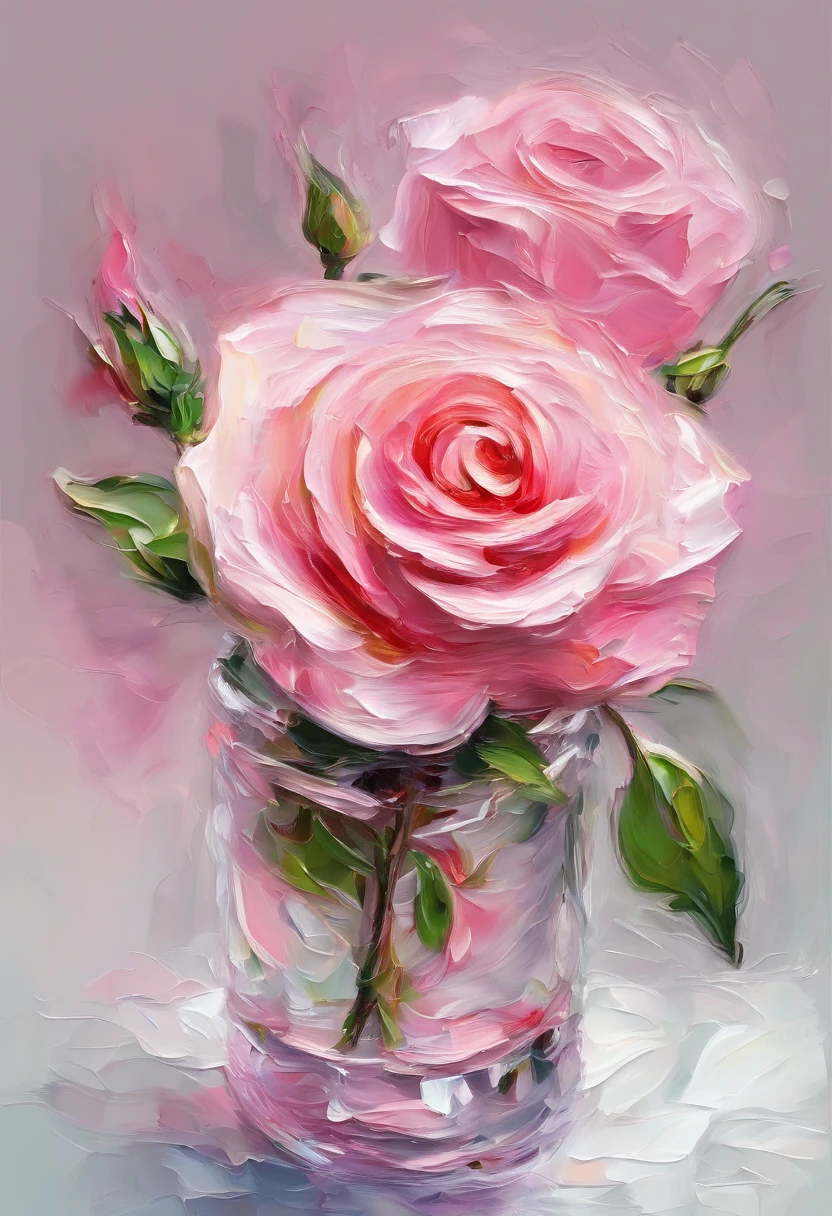 A impasto oil painting of pink rose, rose in a glass vase , white background, closed up, hyper realistic oil painting. masterpiece art work.
