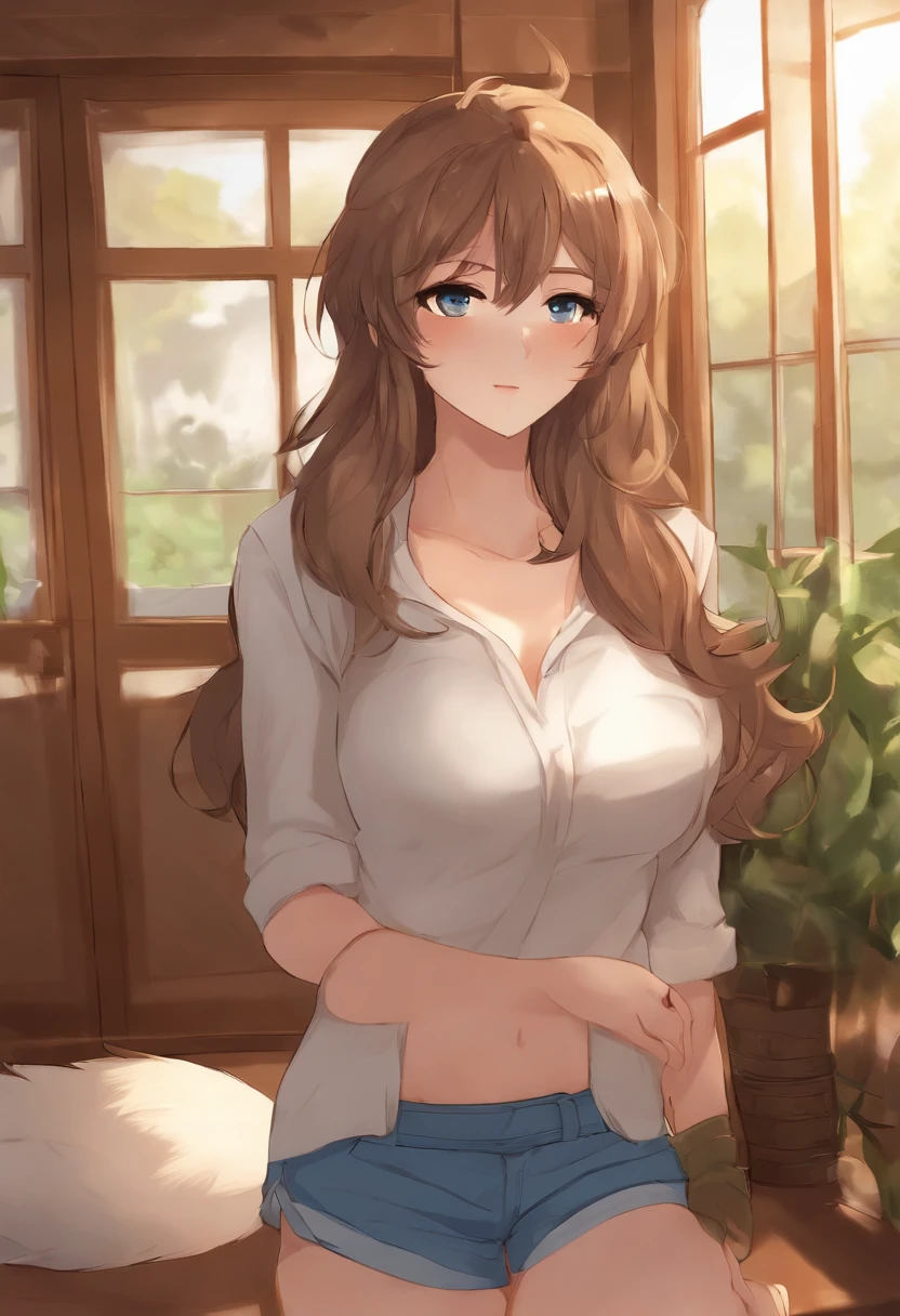 anime girl with brown hair and blue shorts standing in a room, an anime drawing by Shitao, pixiv, furry art, pov furry art, foxgirl, holo is a wolf girl, female furry mini cute style, holo if a wolf girl, full body portrait of a short!, (sfw) safe for work, furry anime, thighs!!!