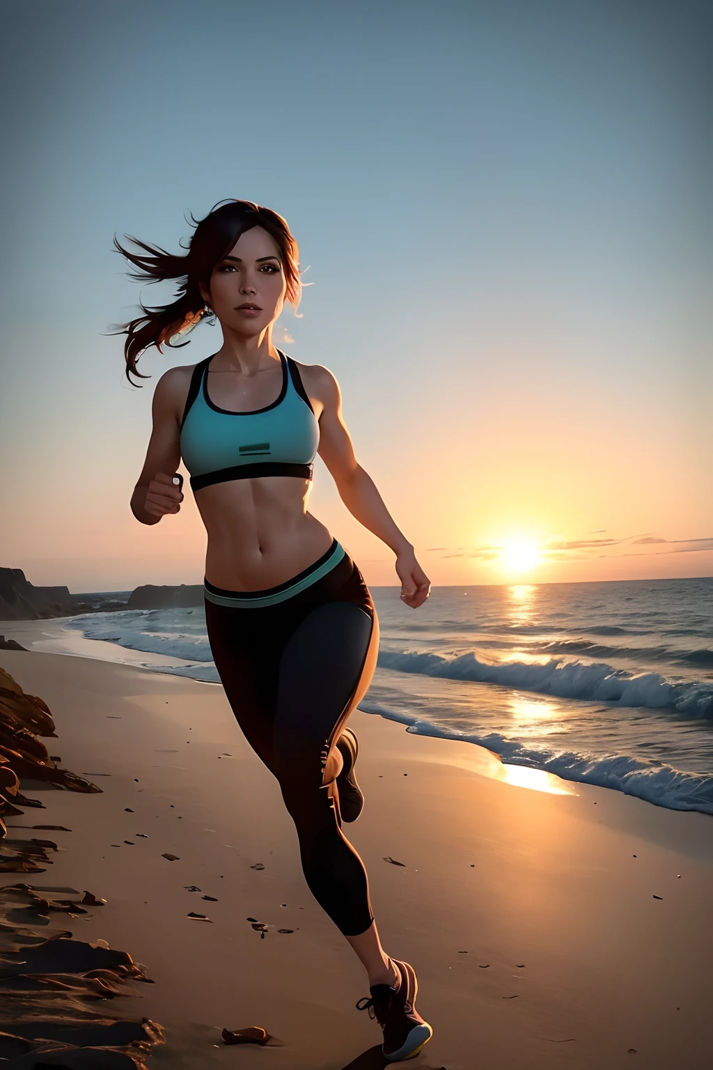 lara croft running on the beach, wearing black running leggings and sports bra, no cleavage, small boobs, tiny breasts, full body, no shoes, sunrise, sun rises over the horizon, morning run