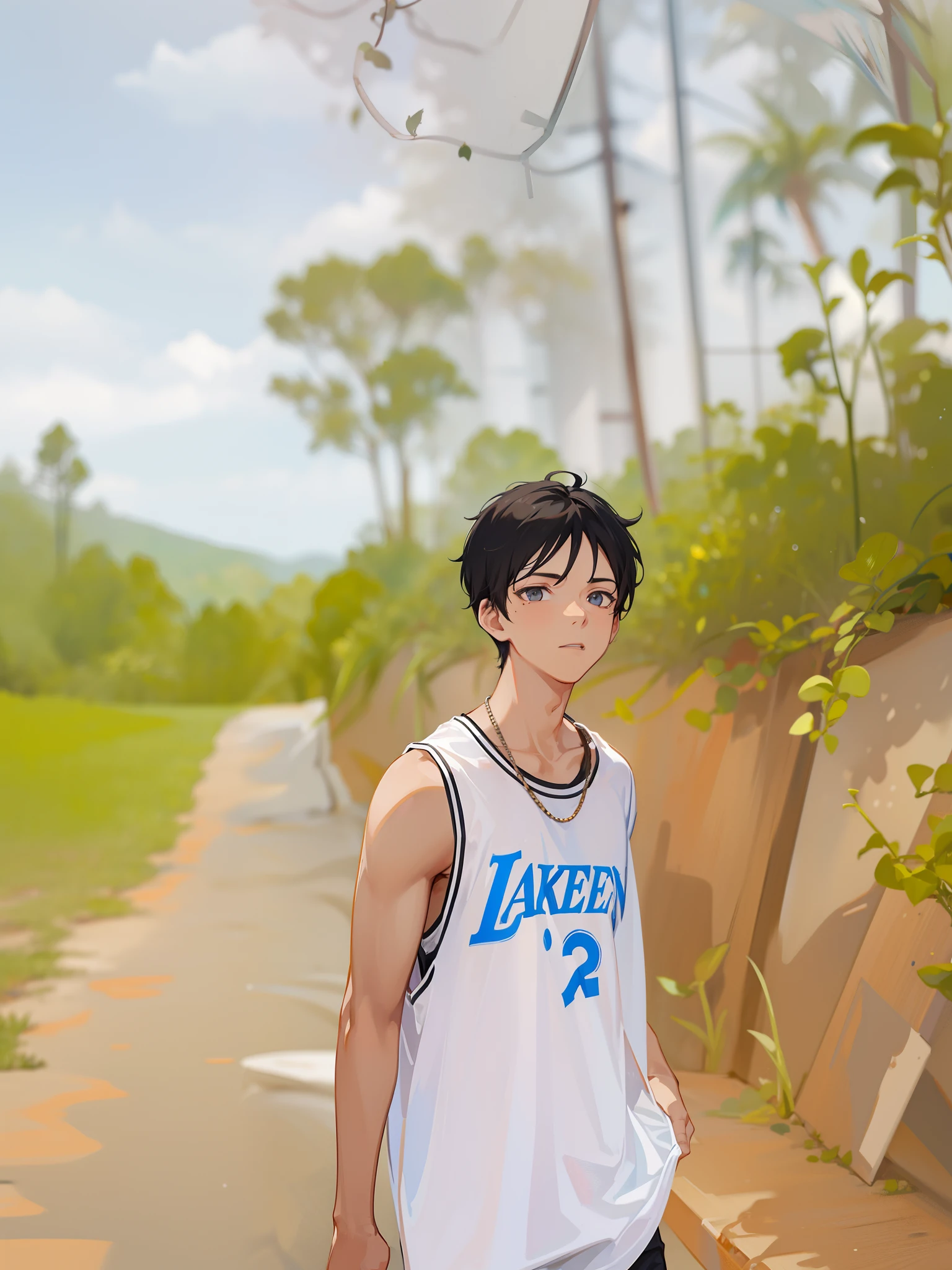 A boy with short black hair, a beauty mole in the corner of his eye, wearing a T-shirt, (lying: 1.2) on a bedroom bed