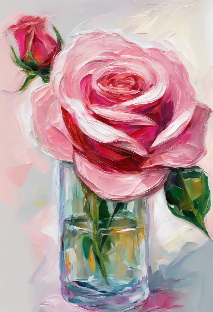 A impasto oil painting of pink rose, rose in a long glass vase , white background, closed up, hyper realistic oil painting. masterpiece art work.