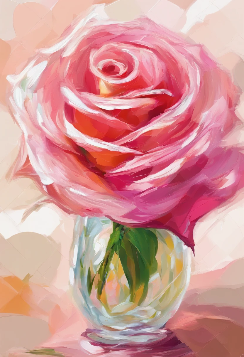 A impasto oil painting of pink rose, rose in a long glass vase , white background, closed up, hyper realistic oil painting. masterpiece art work.