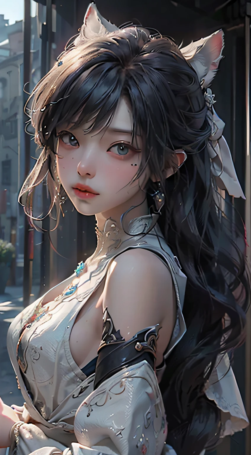 ((best qualtiy)), ((tmasterpiece)), (the detail:1.4), 3D, White canine demon,Delicate dog ears,Long white hair,HDR(HighDynamicRange),Ray traching,NVIDIA RTX,Super-Resolution,Unreal 5,Subsurface scattering、PBR Texture、post-proces、Anisotropy Filtering、depth of fields、maximum definition and sharpness、The costumes and facial expressions of the characters are very detailed,Detailed depictions are shown。The expression is very charming,It gives a breathtaking feeling。Many-Layer Textures、Albedo e mapas Speculares、Surface Coloring、Accurate simulation of light-material interactions、perfectly proportions、Octane Render、Two-colored light、largeaperture、Low ISO、White balance、the rule of thirds、8K RAW、