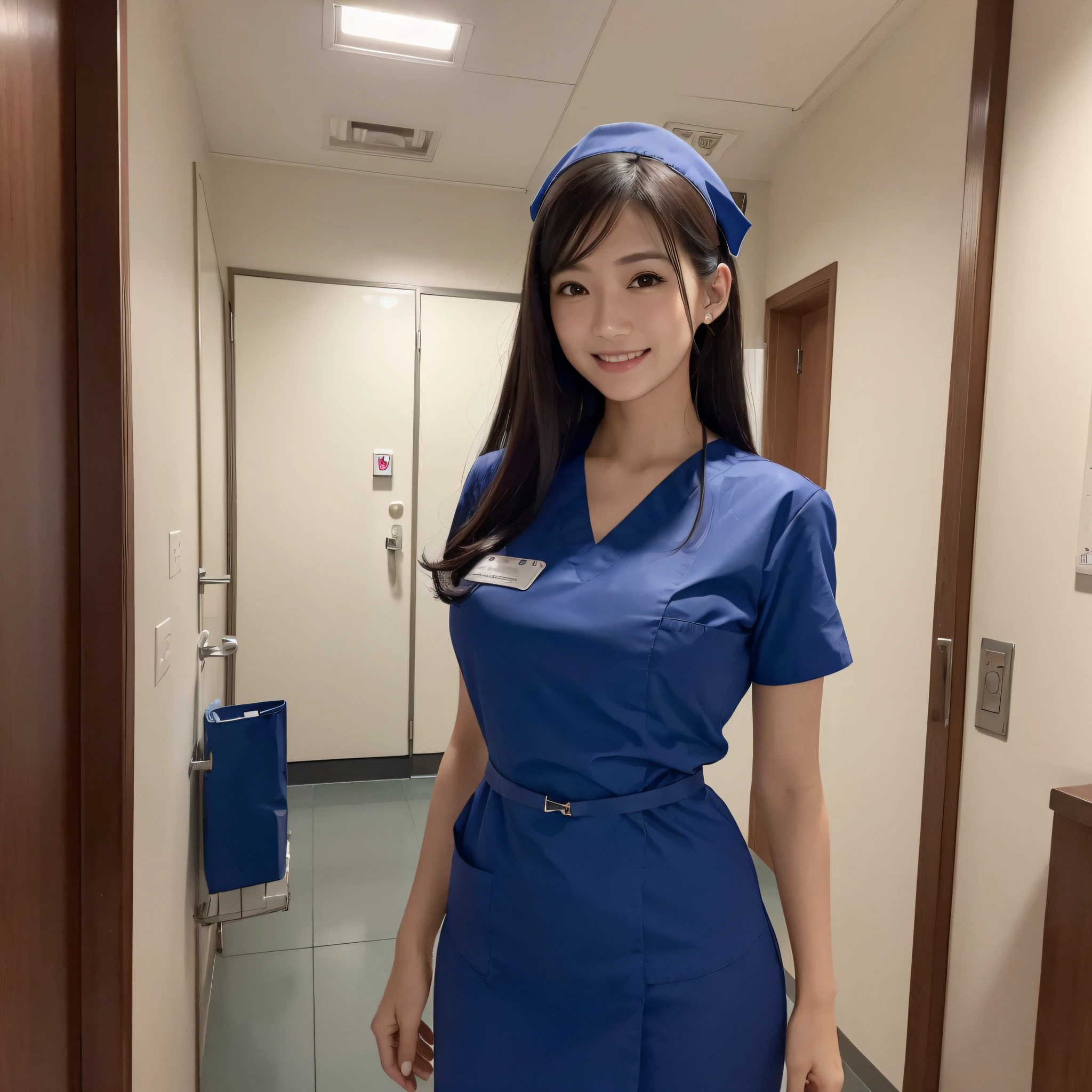 One Nurse Woman、((best qualtiy、8k masterpieces:1.3))、foco nítido:1.2、(ultra beautiful faces:1.0)、(shinny skin:1.0)、photos realistic、A dark-haired、Video Lighting、High-definition eyes and face、Video Lighting、Japan Idol Actress、from the front side、medium breasts、Smile、Slender Abs Beauty、Whole body、Wearing a nurse's costume、at hospital