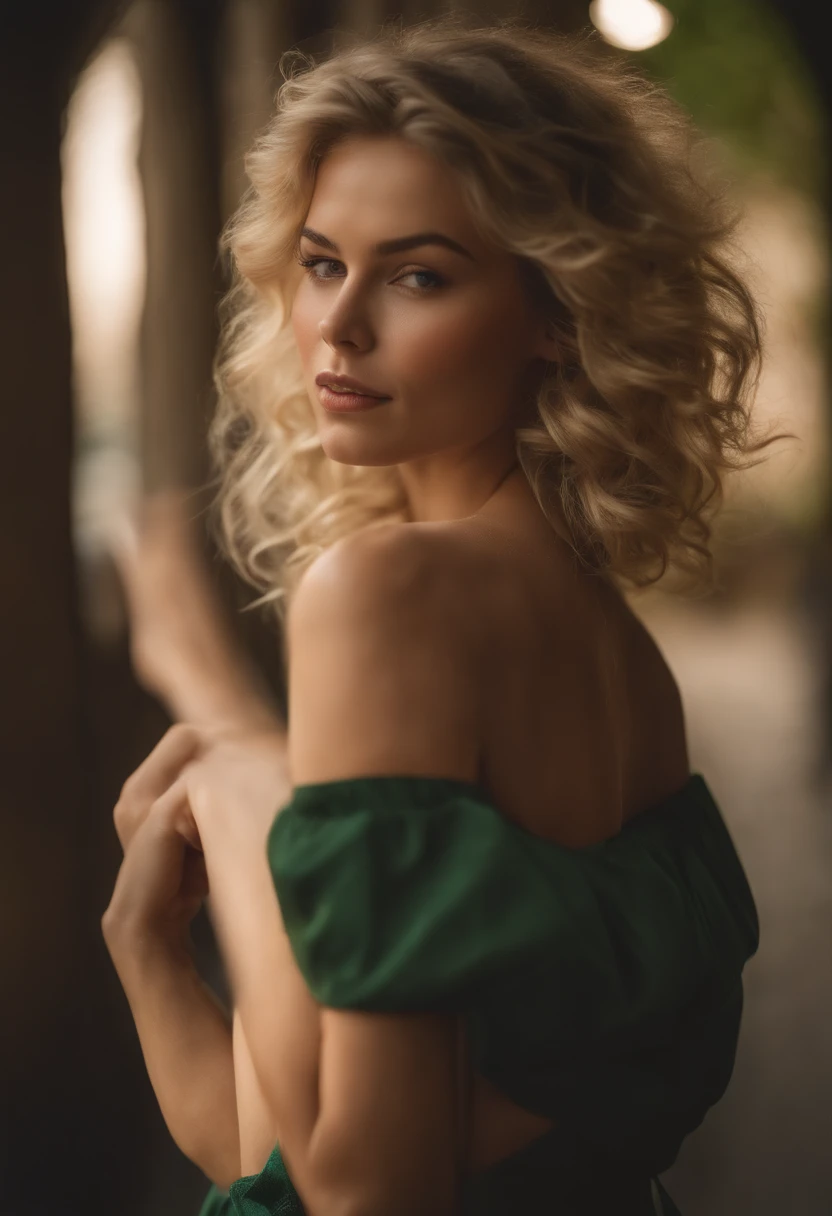 Cover photo of a 25-year-old European woman, Pointing at the camera, cheveux blonds, serious, (Amazing Skin Details: 1.4), (peau naturelle: 1.2), (Pores: 0.6), Maquillage, (detailled eyes: 1.2), fond vert, studio, Lighter edge, (Bokeh: 1.2), Photographie, cinematic, Fotorealistisch, ultrarealistic, fille en forme, Robe moulante, Silhouette parfaite