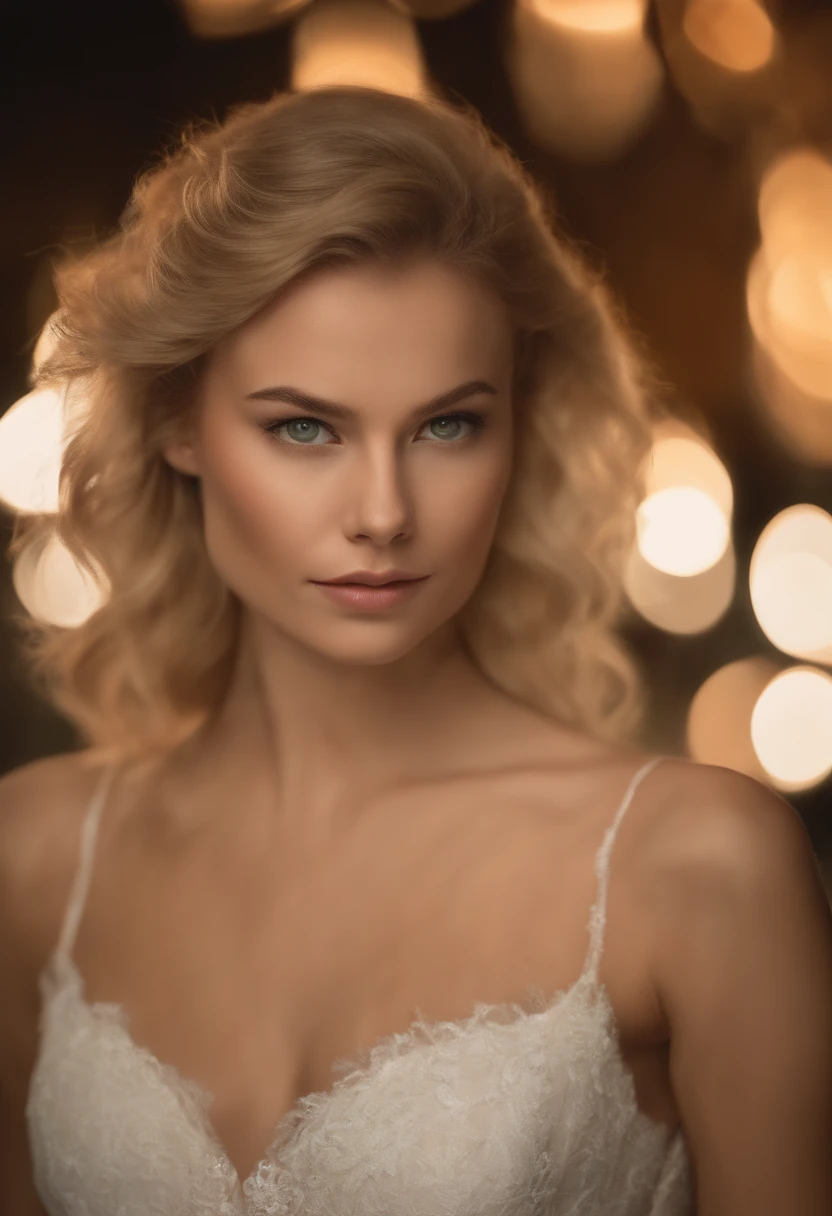 Cover photo of a 25-year-old European woman, Pointing at the camera, cheveux blonds, serious, (Amazing Skin Details: 1.4), (peau naturelle: 1.2), (Pores: 0.6), Maquillage, (detailled eyes: 1.2), fond vert, studio, Lighter edge, (Bokeh: 1.2), Photographie, cinematic, Fotorealistisch, ultrarealistic, fille en forme, Robe moulante, Silhouette parfaite