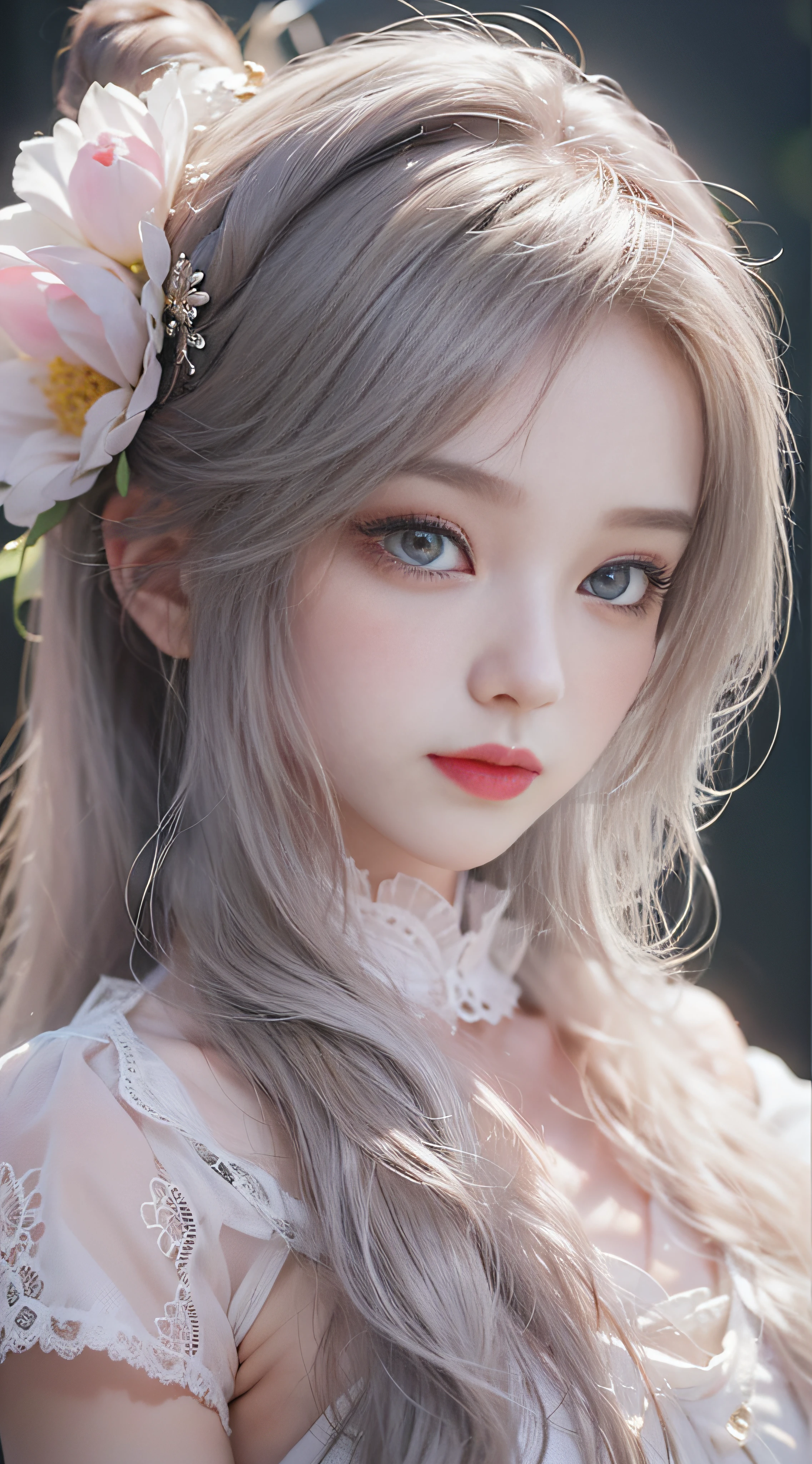 1 female, 14 years old, accurate anatomy (beautiful grey eyes, very large slitted eyes, delicate, lonely, beautiful eyes, jewel-like eyes, shining eyes, very long eyelashes, thin nose, small mouth, thin lips, slightly long neck, slightly thin shoulders, slightly thin arms, slightly thin legs), accurate pose (looking at us), accurate Make-up (natural, natural make-up, light brown eyeshadow, light pink blush, light pink lipstick), accurate skin (very clear white, perfectly smooth), accurate hair (bright, clean silver hair, long hair curled vertically), accurate costume (black dress with frills and lace, Gothic taste, Rococo taste), exact lighting (dim low light, oblique light) photographic equipment (SLR, single focus lens), settings (f/1.8, S400, ISO 100), exact background (black), exact full body shot, very high quality picture,