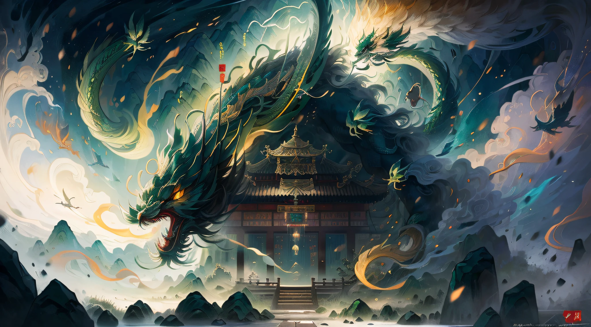 Chinese wind mountains, rios, Auspicious clouds, Pavilions, rays of sunshine, tmasterpiece, super detailing, Epic composition, hyper HD, high qulity, extremely detaile, offcial art, 统一 8k 壁纸, super detailing, 32k ,mythological beasts,Green Dragon