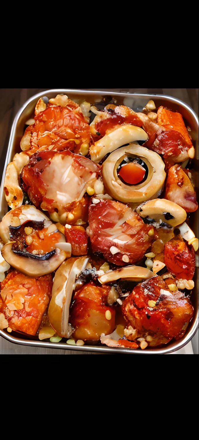 On the table is a metal pot full of meat and vegetables, Grilled chicken, in style of pan ren wei, ❤🔥🍄🌪, luscious with sesame seeds, delicacy, Hen mushrooms in the forest, Chicken, decadent, author：Joe Bowler, mansik yang, jisu choe, 10., shaxi, upper view, Embers to the waist