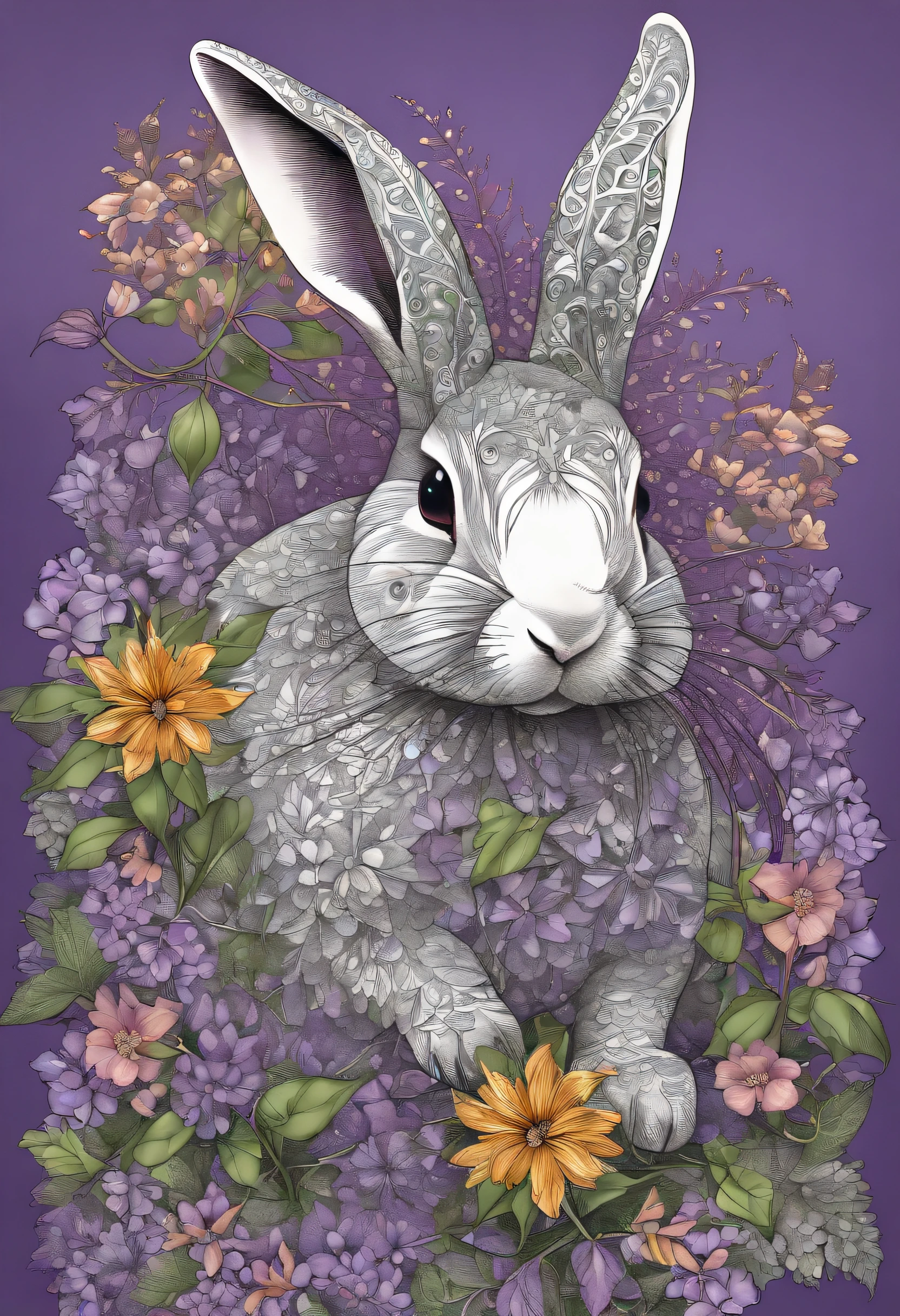 (Beautiful 1 rabbit、独奏、From Side)、ighly detailed、(Abstract background、Zentangle、Fractal Art:1.5)、(purple color theme、colourfull:1.1)、(foliages、flower petals、bellflowers:1.3)、