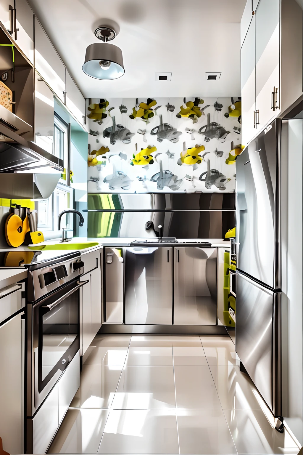 modern kitchen with brushed stainless steel appliances and polished stone floors, bright distinct color scheme, modern theme, 7 0's kitchen, walls with black and white colors, decorated with straight lines tiled walls, clean color scheme, small kitchen, cute kitchen, glossy color, tiled walls, apartment, bright and exclusive, modern, exclusive and bright scheme, modern age taste, expensive