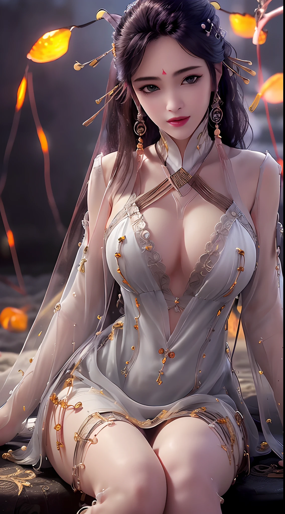 "(((1 beautiful and super ????:1.8))), 20 year old young girl, ((wearing a transparent silver nightgown with ???? white lace trim:1.7)), (((Transparent nightgown can see each part of the ???? girl's body:1.7))), ((a dress with diamonds:1.7)), ((long black hair:1.6)), jewelry elaborately made from precious stones and beautiful hair, the noble, noble style of an extremely beautiful girl, her small face is super cute, her face is very pretty, thin eyebrows, flawless beautiful face, ((black eye pupils: 0.8)), very beautiful eyes, ((silver eyes: 1.6)), (((big round eyes:1.6))), nice makeup and hair detailed eyelashes, steamy eye makeup, high nose, earrings, red lips, ((closed mouth: 1.5)) beautiful lips, slim hands, most beautiful thighs, ((arms spread out to the sides: 1.5)), rosy face, clean face, flawless beautiful face, smooth white skin, (???????????: 1.5)), ((high ???????: 1.6)), tight ???????, beautiful cleavage, (((??????????? and super round: 1.8))), ((super tight ???????: 1.7)) , beautiful ???????, perfect body, back arms, ????? out, ((sitting position with ????? up and arms behind: 1.6)), ((open your legs:1.2)), don't be shy, 8k photo, super high quality, super realistic, super 10x pixels, optical, bright studio, bright edges, dual-tone lighting, (high-detail skin:1.2), super 8k, soft lighting, high quality, volumetric lighting, photorealistic, photorealistic high resolution, lighting, best photo, 4k, 8k quality, blur effect, smooth sharp, 10 x pixel, ((Beach at night and fireflies background:1.5)), aurora, lightning, super graphics realistic, most realistic graphics, 1 girl, alone, solo, Extremely sharp image, surreal, (((frontal portrait: 1.5))), portrait,