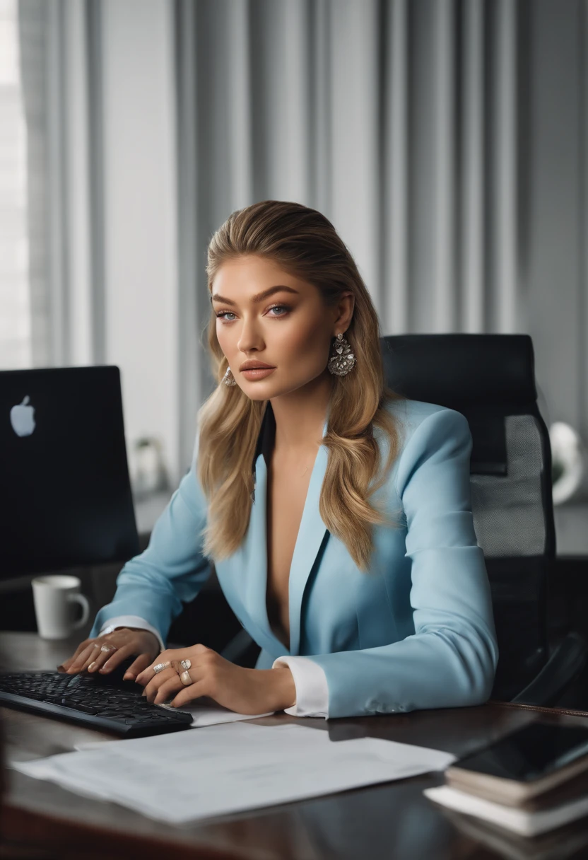 portrait of Gigi Hadid, sitting at a desk with a computer and papers on it, professional image, professional picture, high quality portrait, photo portrait, an epic non - binary model, professional portrait, photo still, color portrait, creative coder with a computer