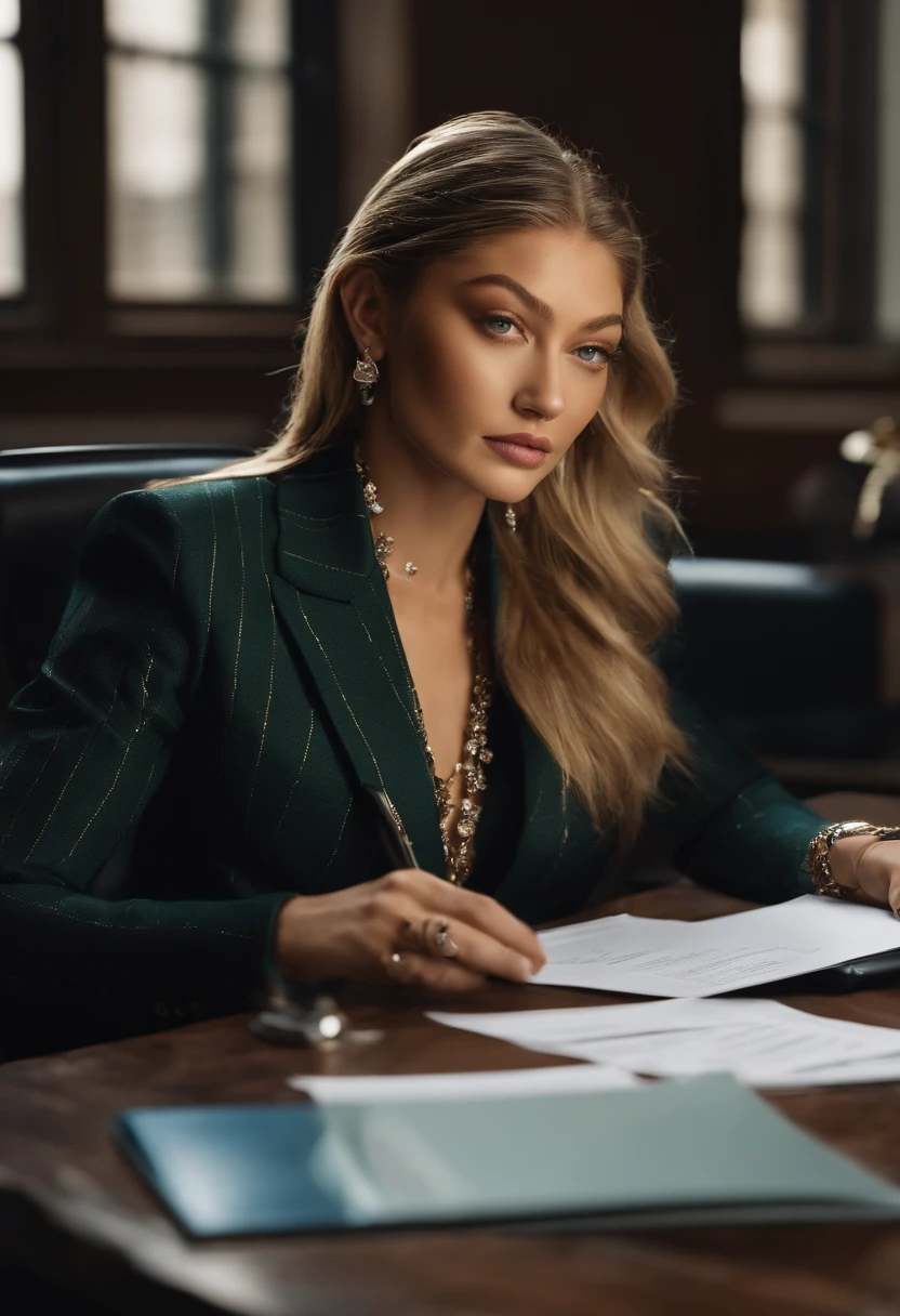 portrait of Gigi Hadid, sitting at a desk with a computer and papers on it, professional image, professional picture, high quality portrait, photo portrait, an epic non - binary model, professional portrait, photo still, color portrait, creative coder with a computer