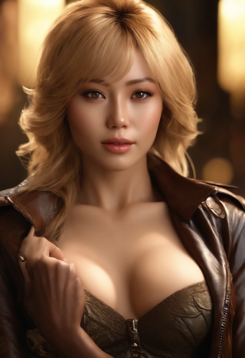 (masterpiece:1.2), ultra detailed, ultra high res, (realistic, photo realistic:1.37), high detail RAW color photo, professional photograph, an extremely delicate and beautiful, extremely detailed, finely detail, huge file size, extremely detailed beautiful girl, extremely detailed face, extremely detailed eyes, extremely detailed skin, extremely detailed nose, extremely detailed mouth, perfect anatomy, highly detailed background, shiny skin, (Japanese famous actress:1.3), flat chest, looking at viewer, (dynamic pose:1.4), dynamic lighting, (leather jacket with less cloth, midriff peek, hot pants:1.2), (brown race, dark skin, blond hair:1.55), (shibuya;1.25), (full body:1.35), lens flare, nsfw,