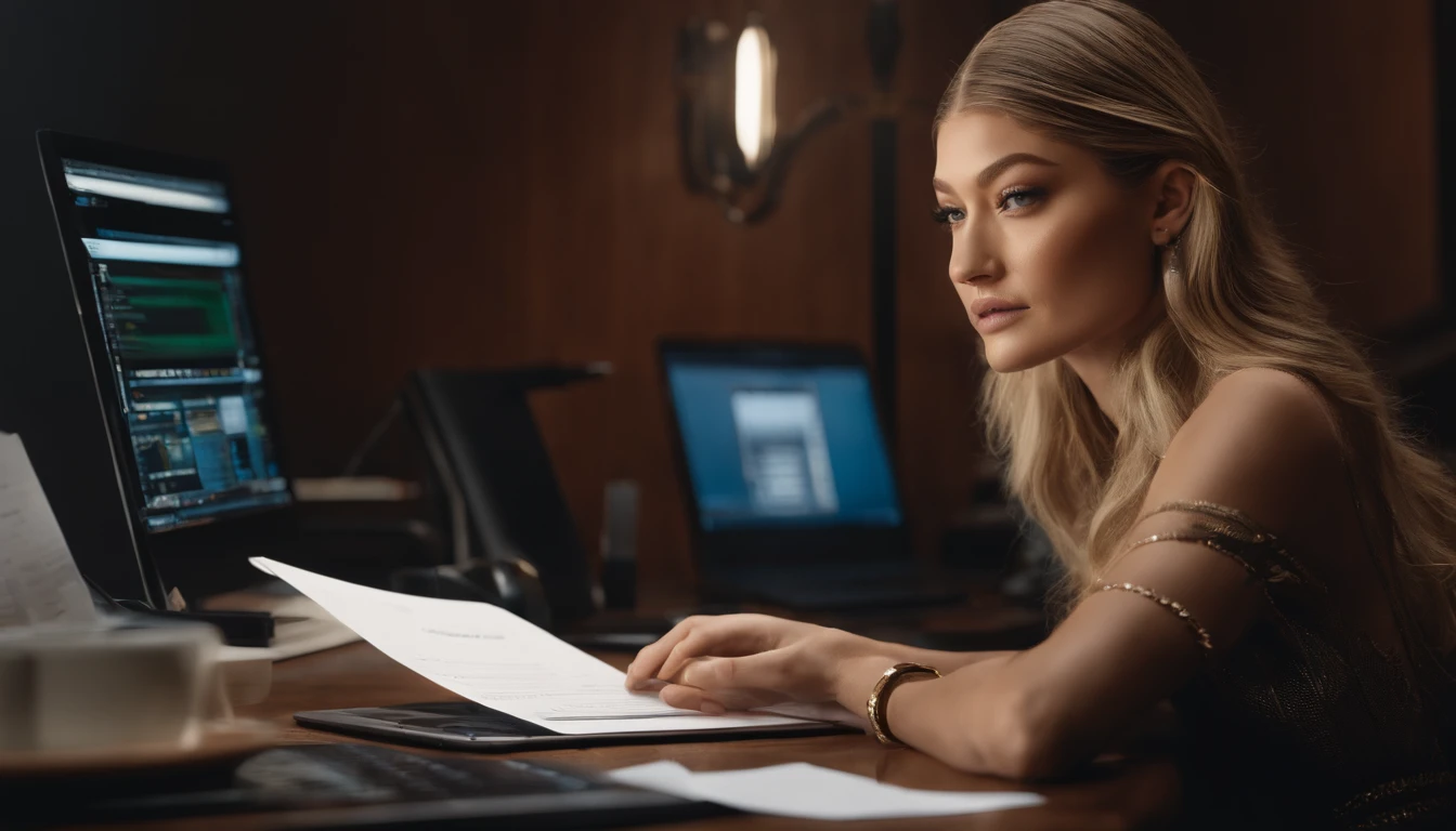 portrait of Gigi Hadid, sitting at a desk with a computer and papers on it, professional image, professional picture, high quality portrait, photo portrait, an epic non - binary model, professional portrait, photo still, color portrait, creative coder with a computer