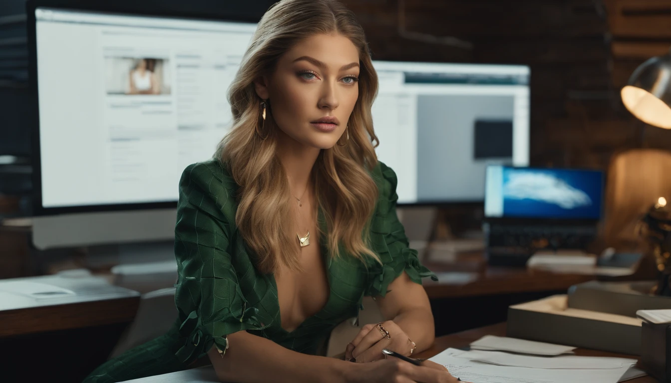 portrait of Gigi Hadid, sitting at a desk with a computer and papers on it, professional image, professional picture, high quality portrait, photo portrait, an epic non - binary model, professional portrait, photo still, color portrait, creative coder with a computer